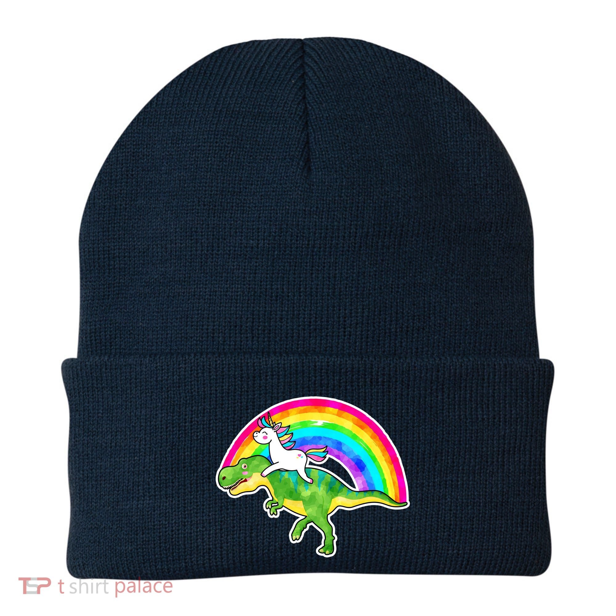 Unicorn Riding T-Rex Rainbow Beanie