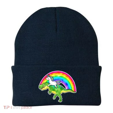 Unicorn Riding T-Rex Rainbow Beanie