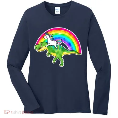 Unicorn Riding T-Rex Rainbow Women's Long Sleeve Shirt
