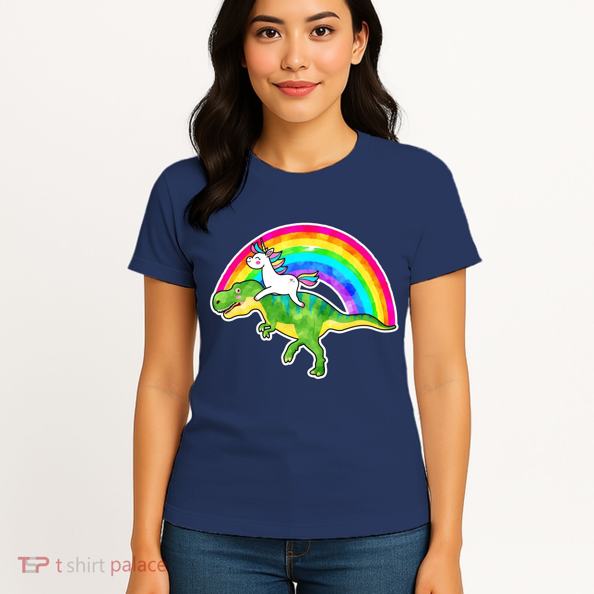 Unicorn Riding T-Rex Rainbow Women's T-Shirt