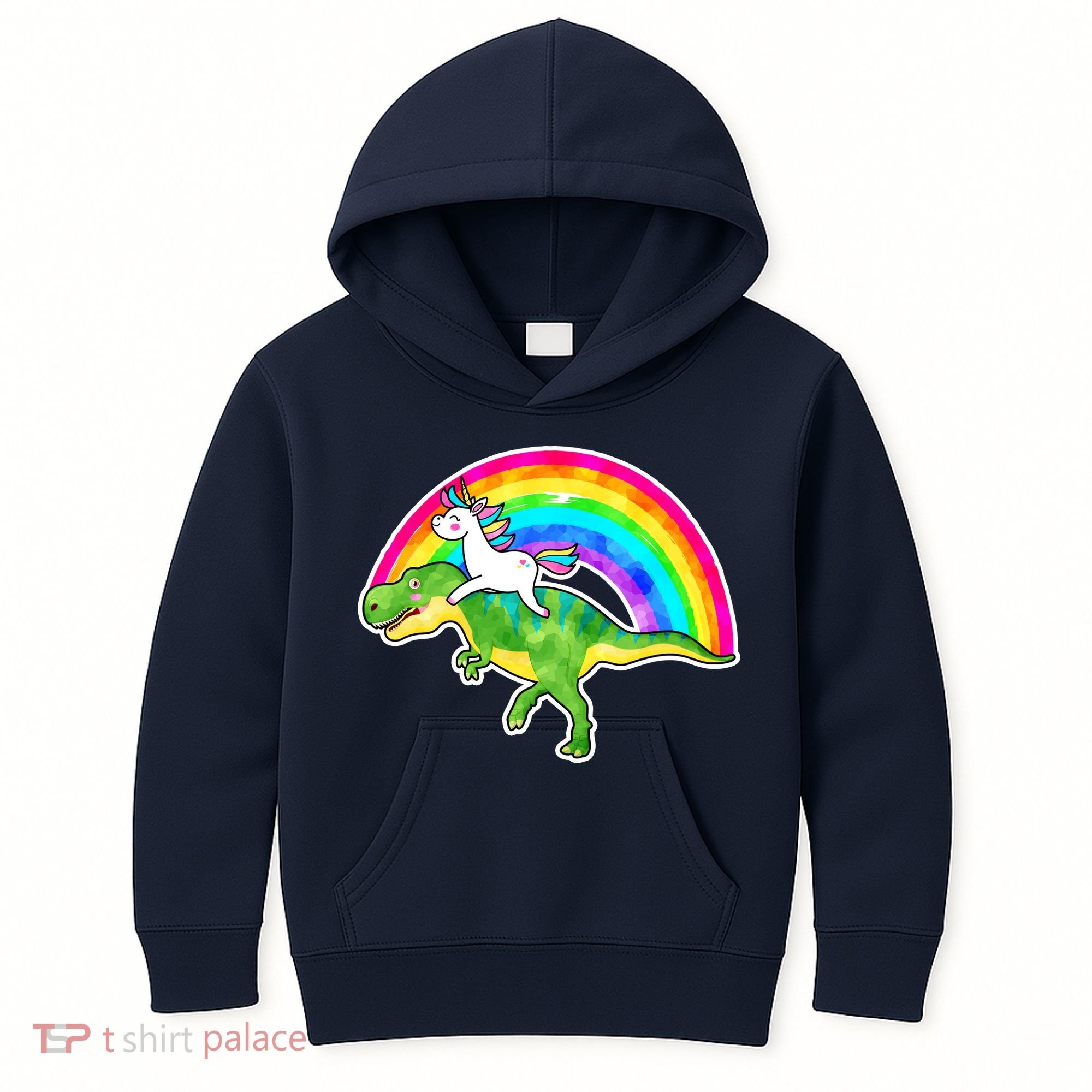 Unicorn Riding T-Rex Rainbow Kids Hoodie