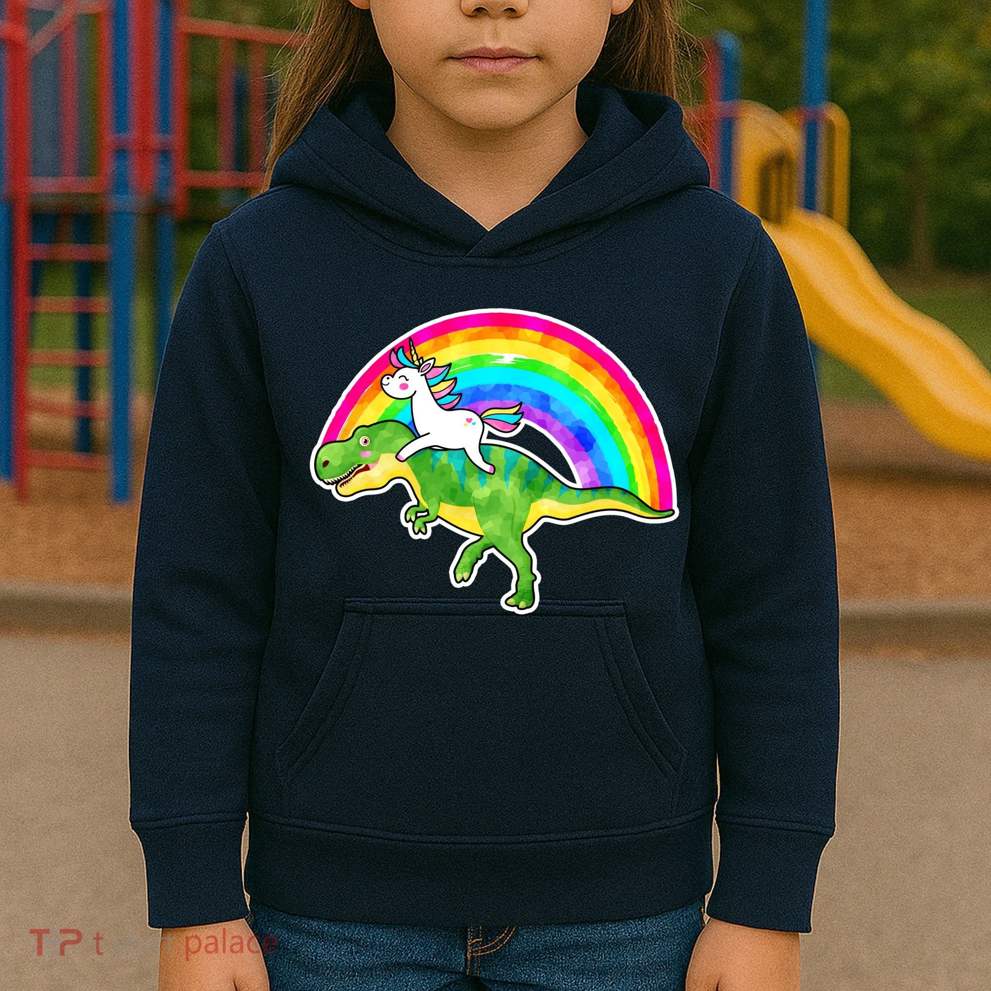 Unicorn Riding T-Rex Rainbow Kids Hoodie