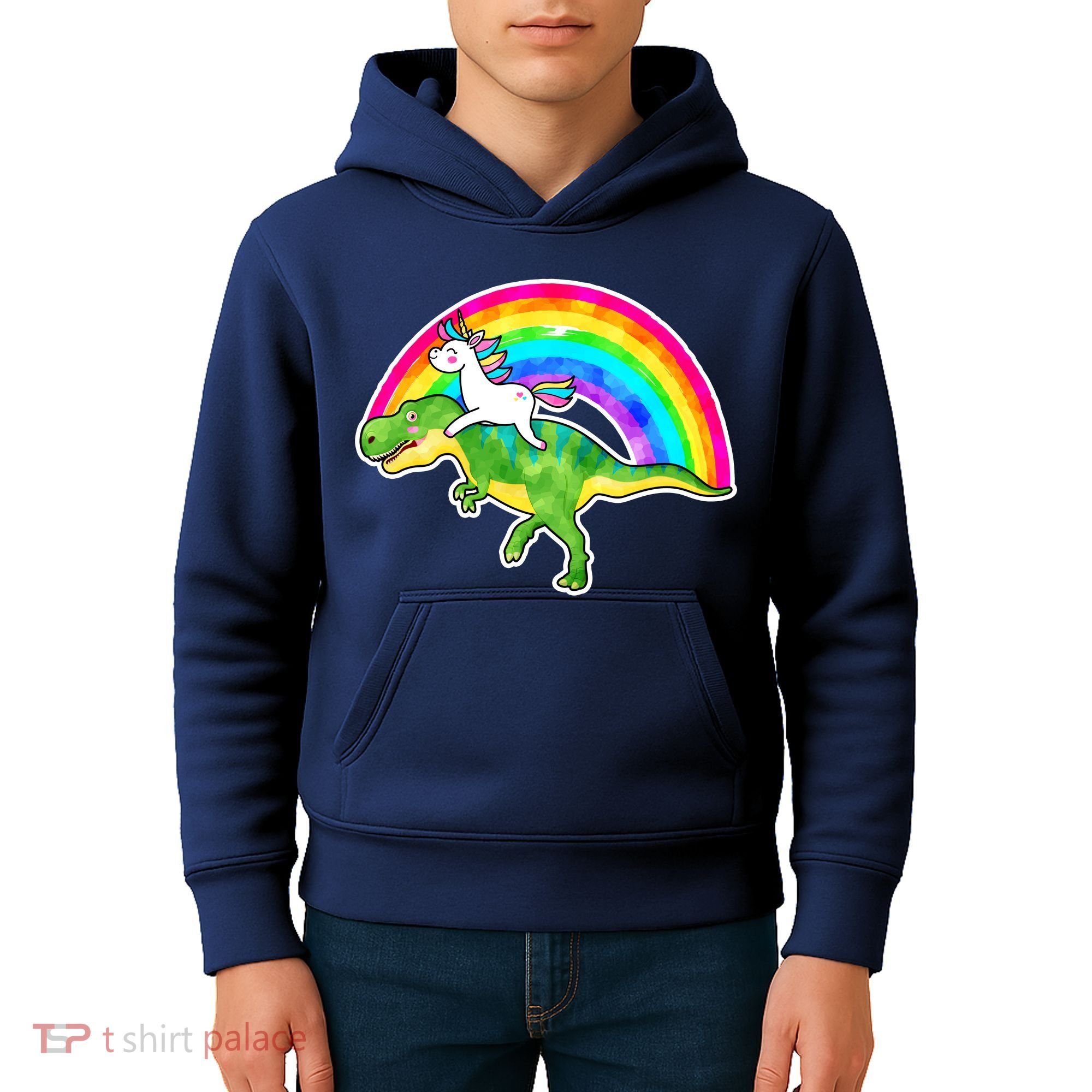 Unicorn Riding T-Rex Rainbow Kids Hoodie