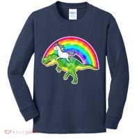 Unicorn Riding T-Rex Rainbow Kids Long Sleeve Shirt thumb 0