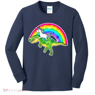 Unicorn Riding T-Rex Rainbow Kids Long Sleeve Shirt