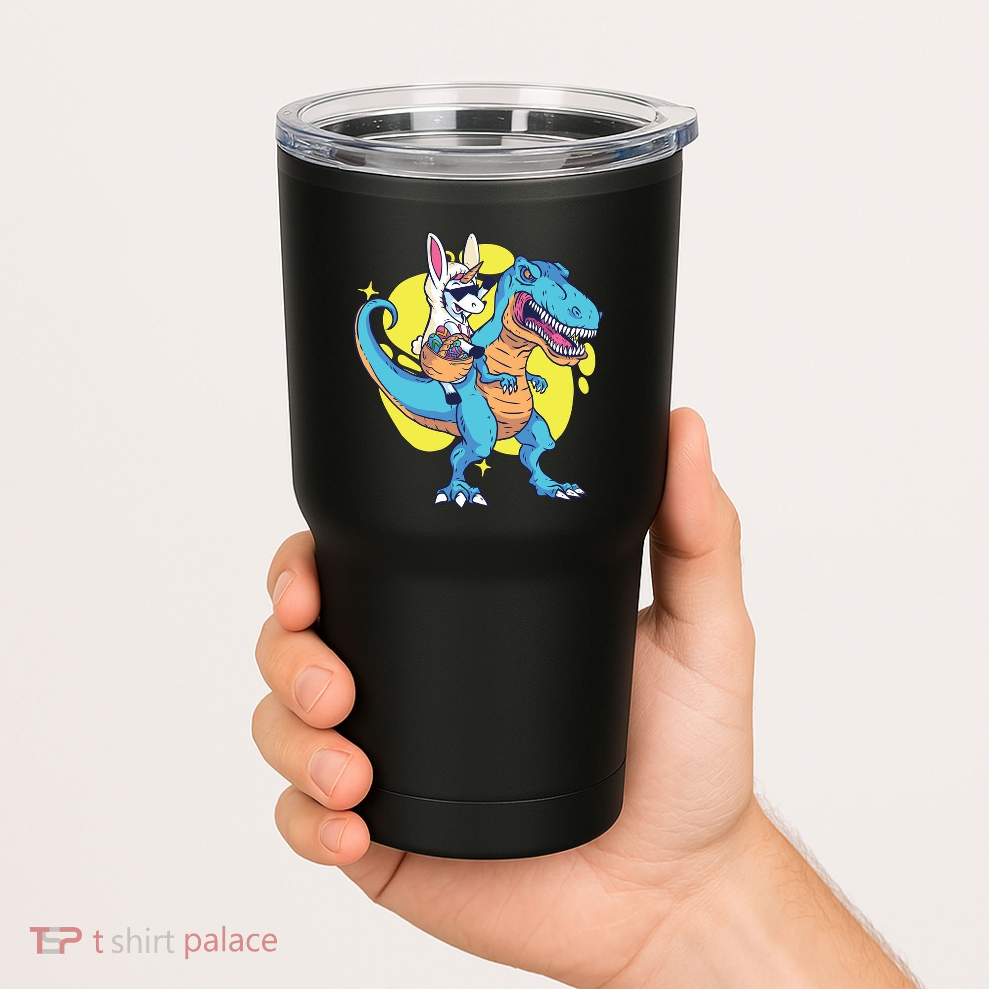 Unicorn Riding Trex Easter Tumbler