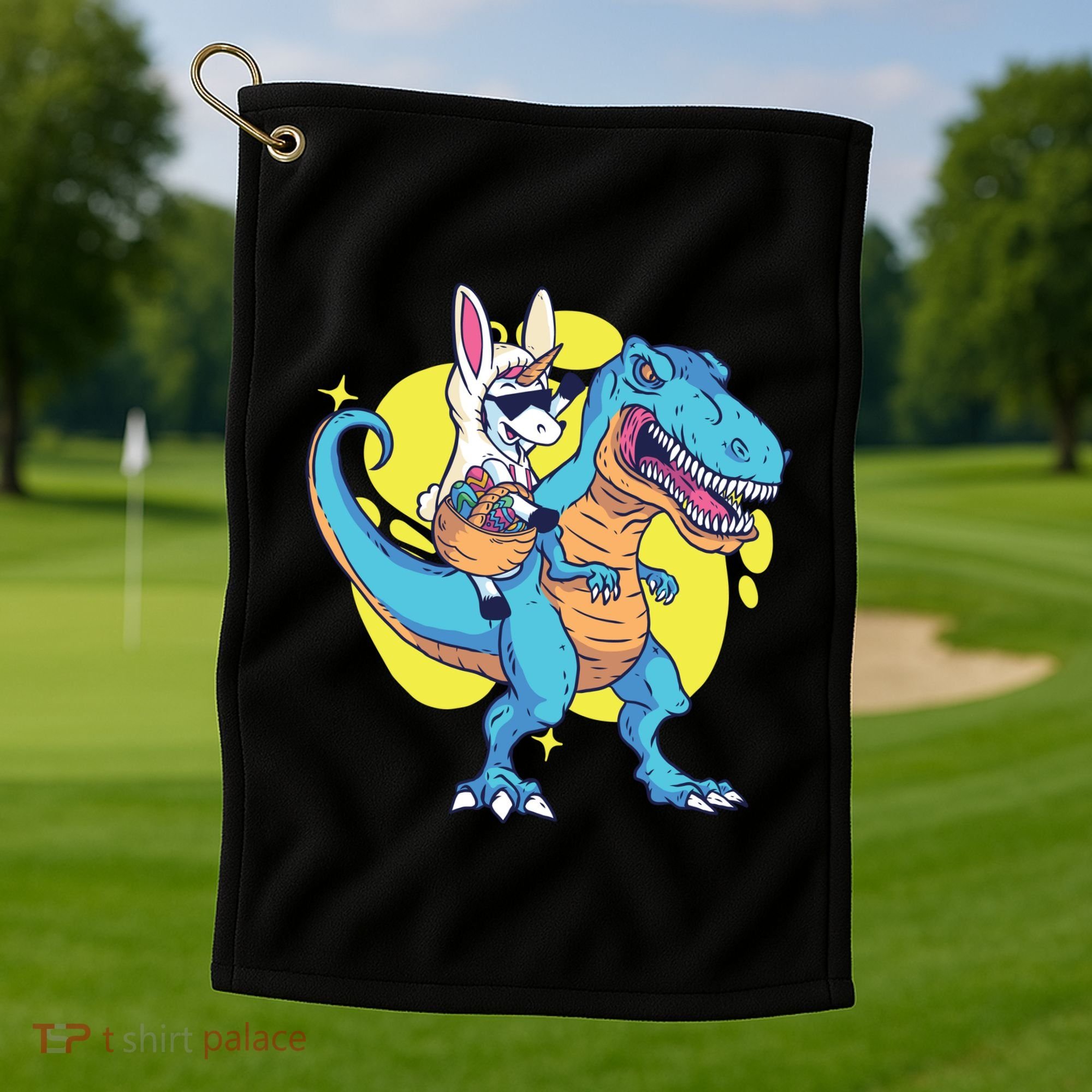 Unicorn Riding Trex Easter Golf Towel