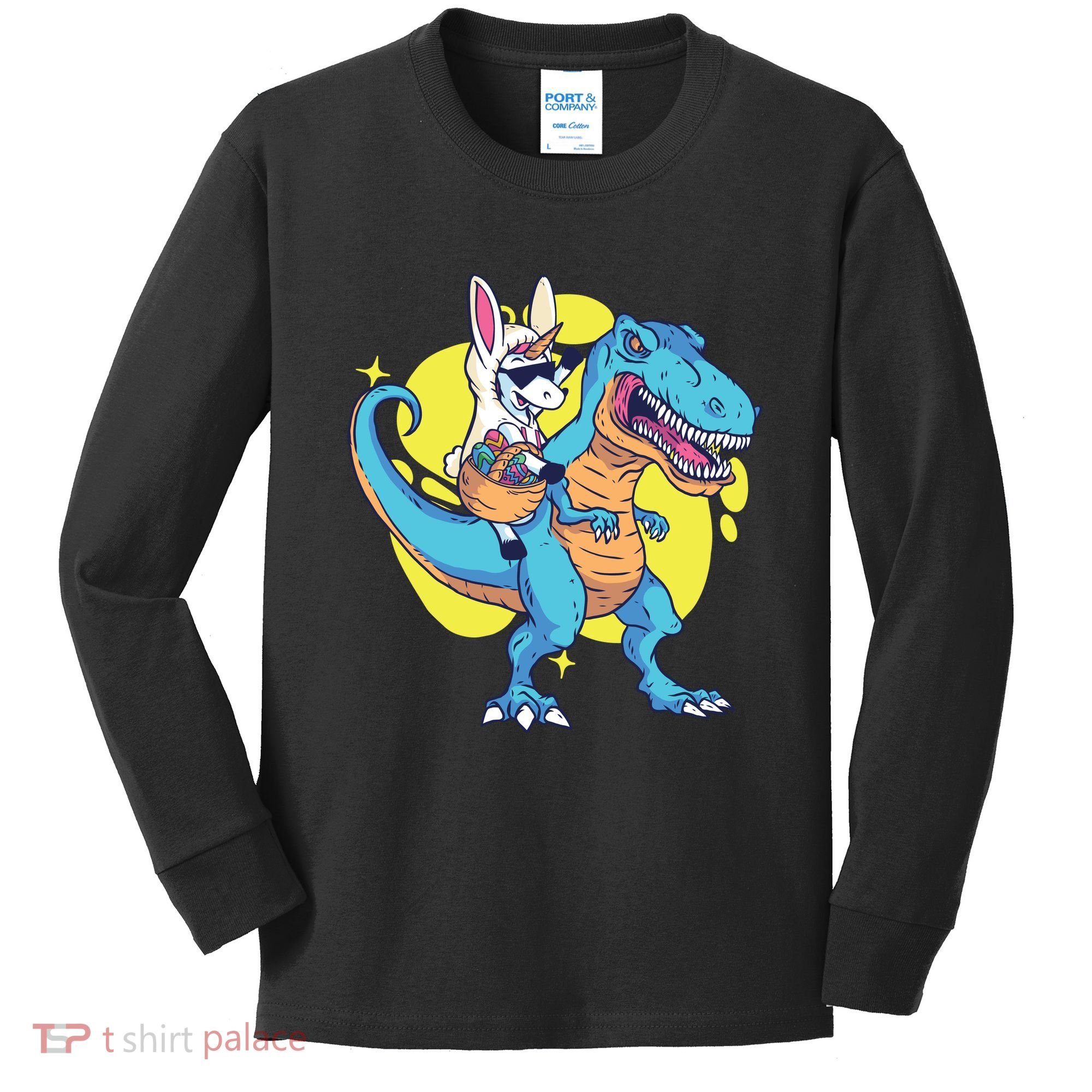 Unicorn Riding Trex Easter Kids Long Sleeve Shirt