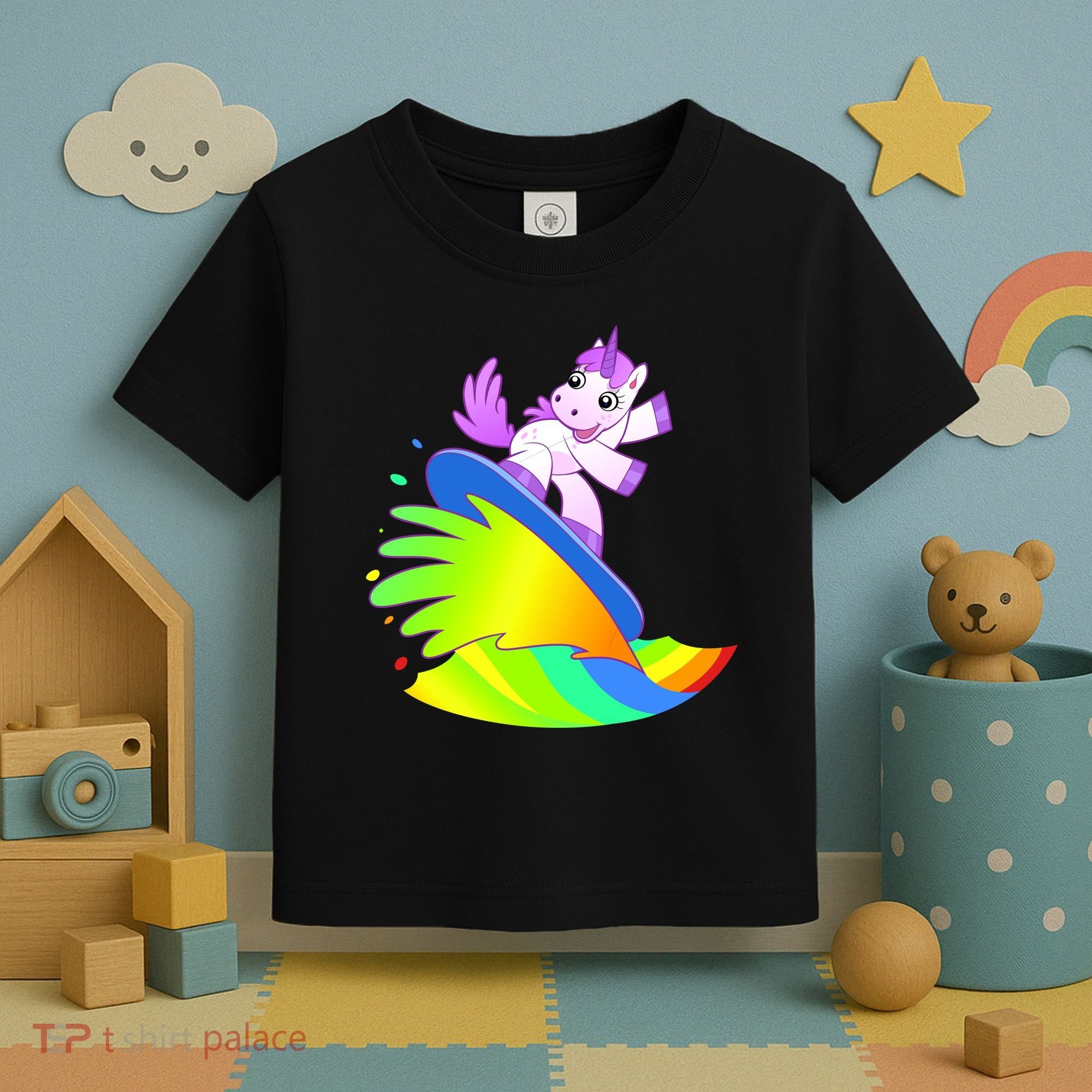 Unicorn Surfing On the Rainbow Toddler T-Shirt