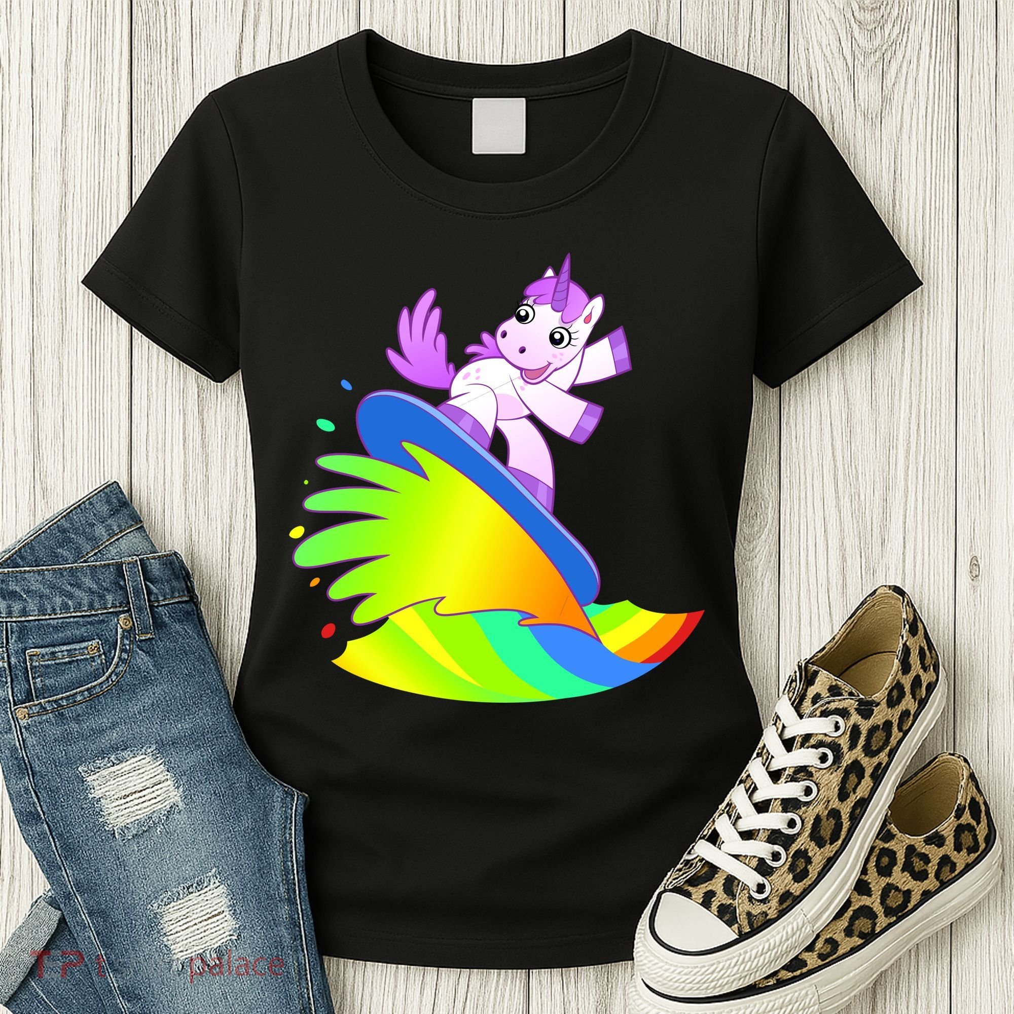 Unicorn Surfing On the Rainbow Women's T-Shirt