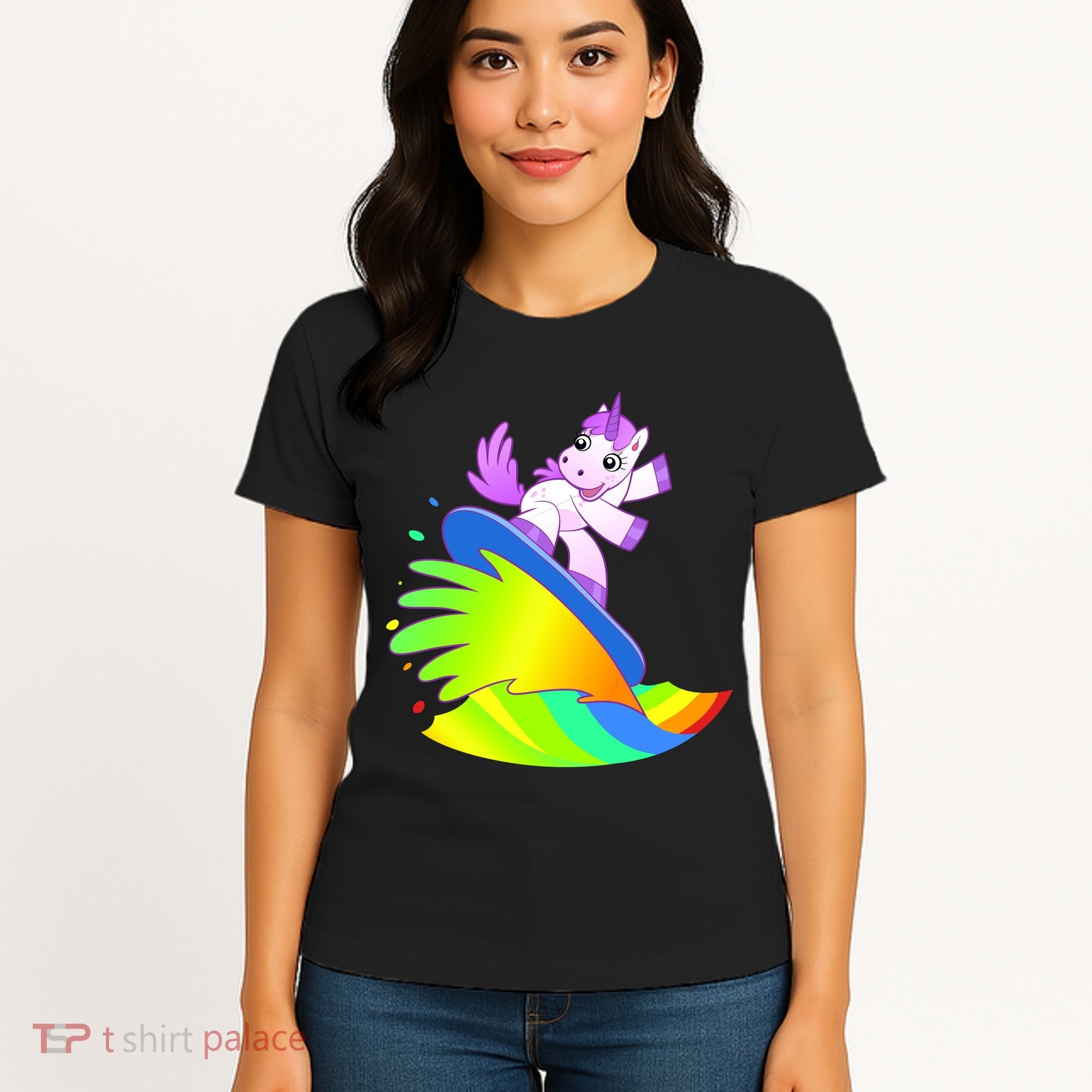 Unicorn Surfing On the Rainbow Women's T-Shirt