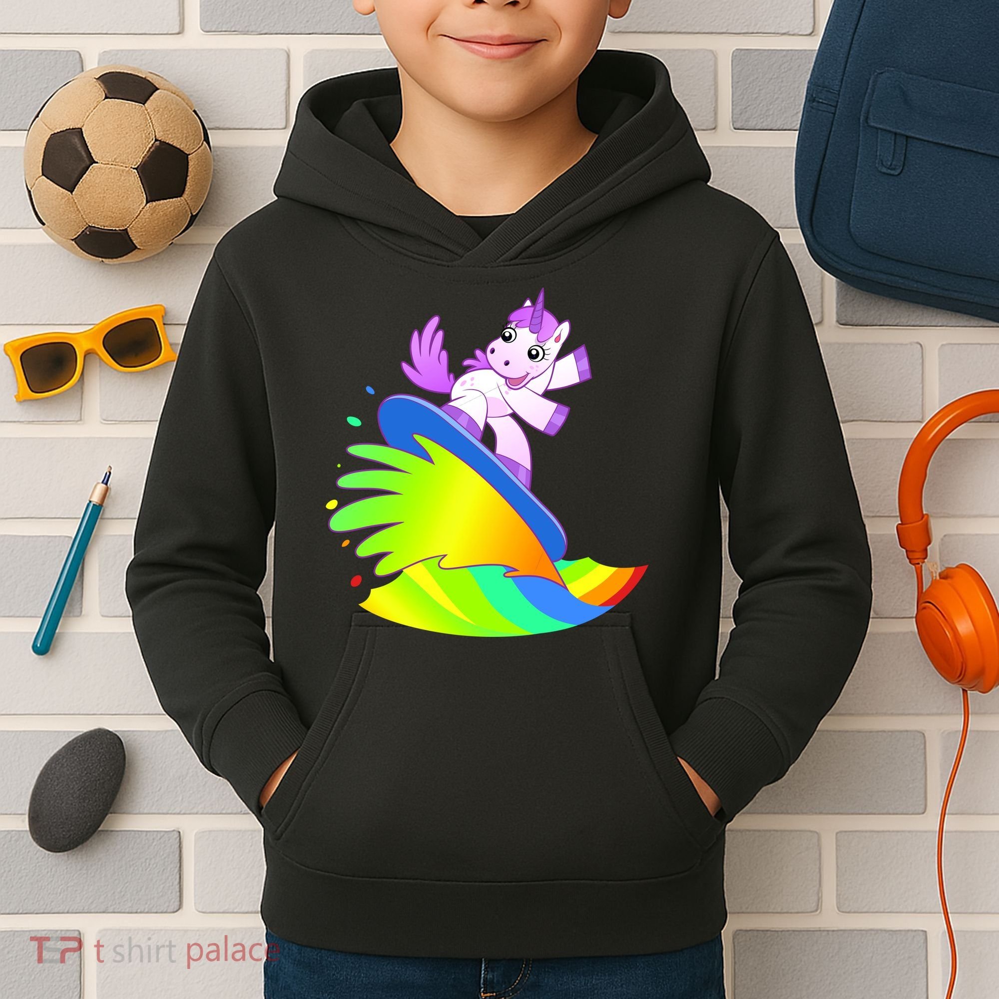 Unicorn Surfing On the Rainbow Kids Hoodie