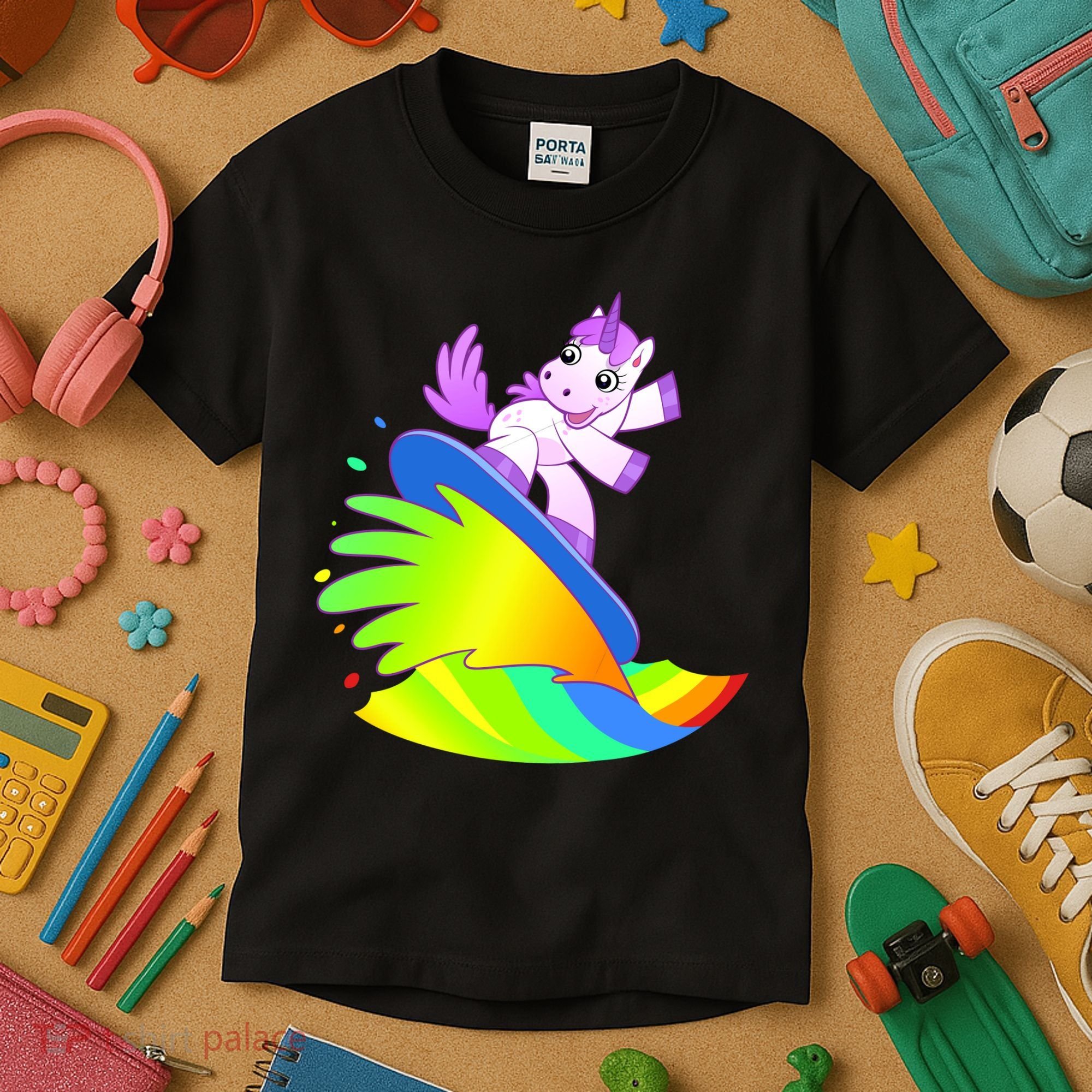 Unicorn Surfing On the Rainbow Kids T-Shirt