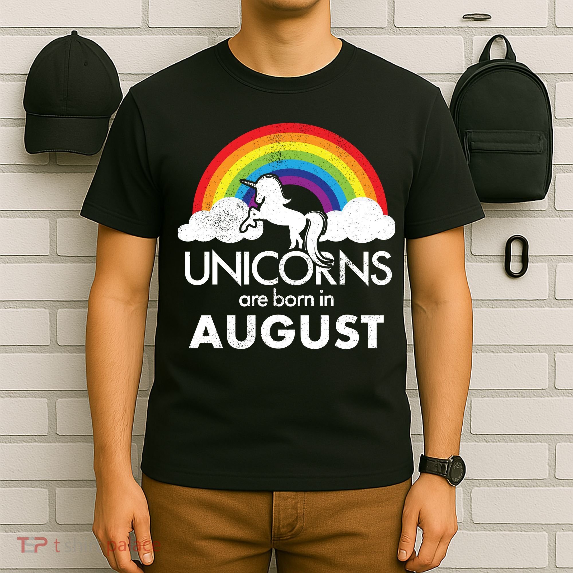Unicorns Are Born In August Rainbow Retro T-Shirt