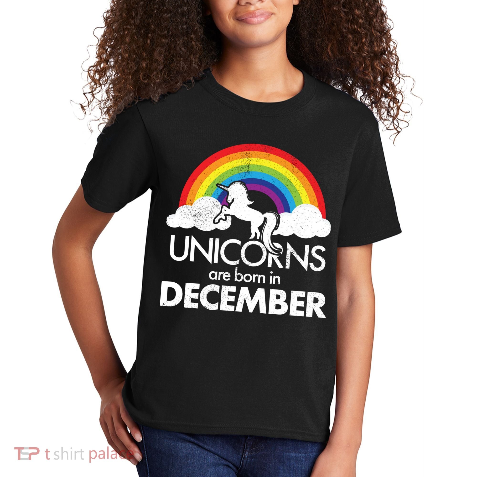 Unicorns Are Born In December Rainbow Retro Kids T-Shirt