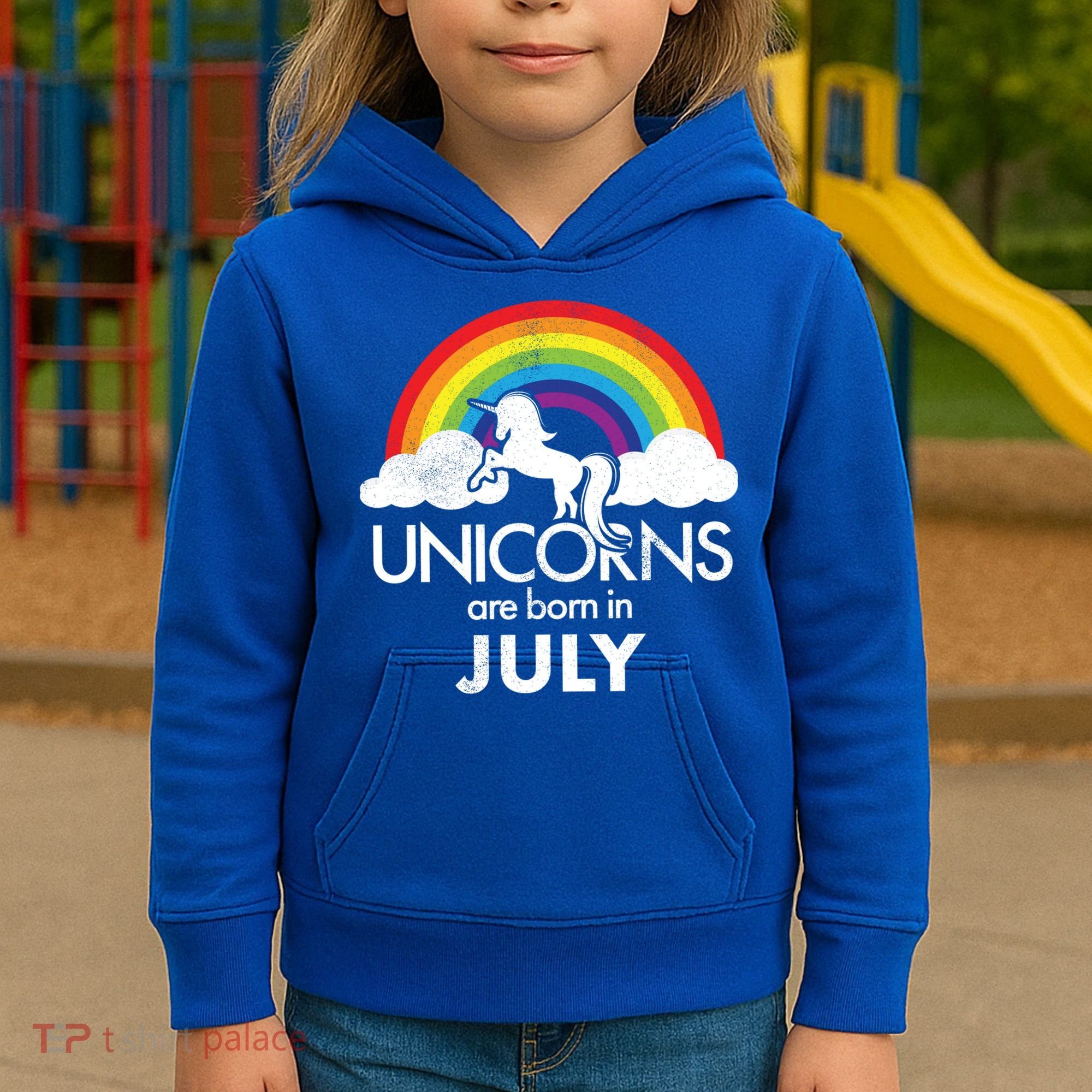 Unicorns Are Born In July Rainbow Retro Kids Hoodie