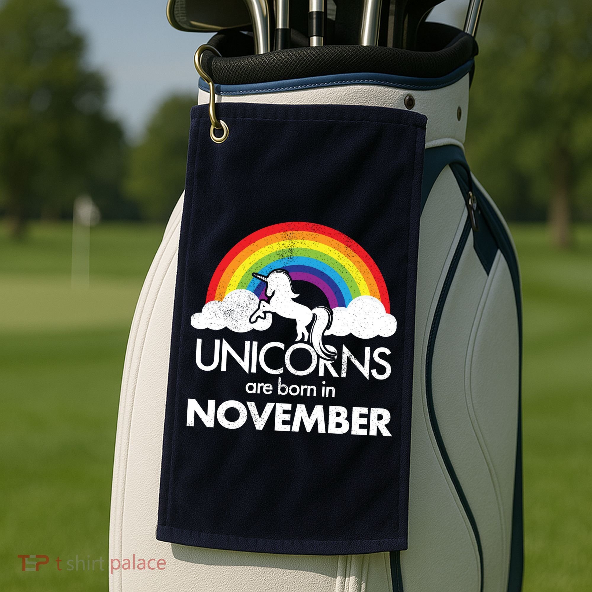 Unicorns Are Born In November Rainbow Retro Golf Towel