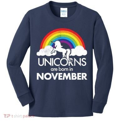 Unicorns Are Born In November Rainbow Retro Kids Long Sleeve Shirt