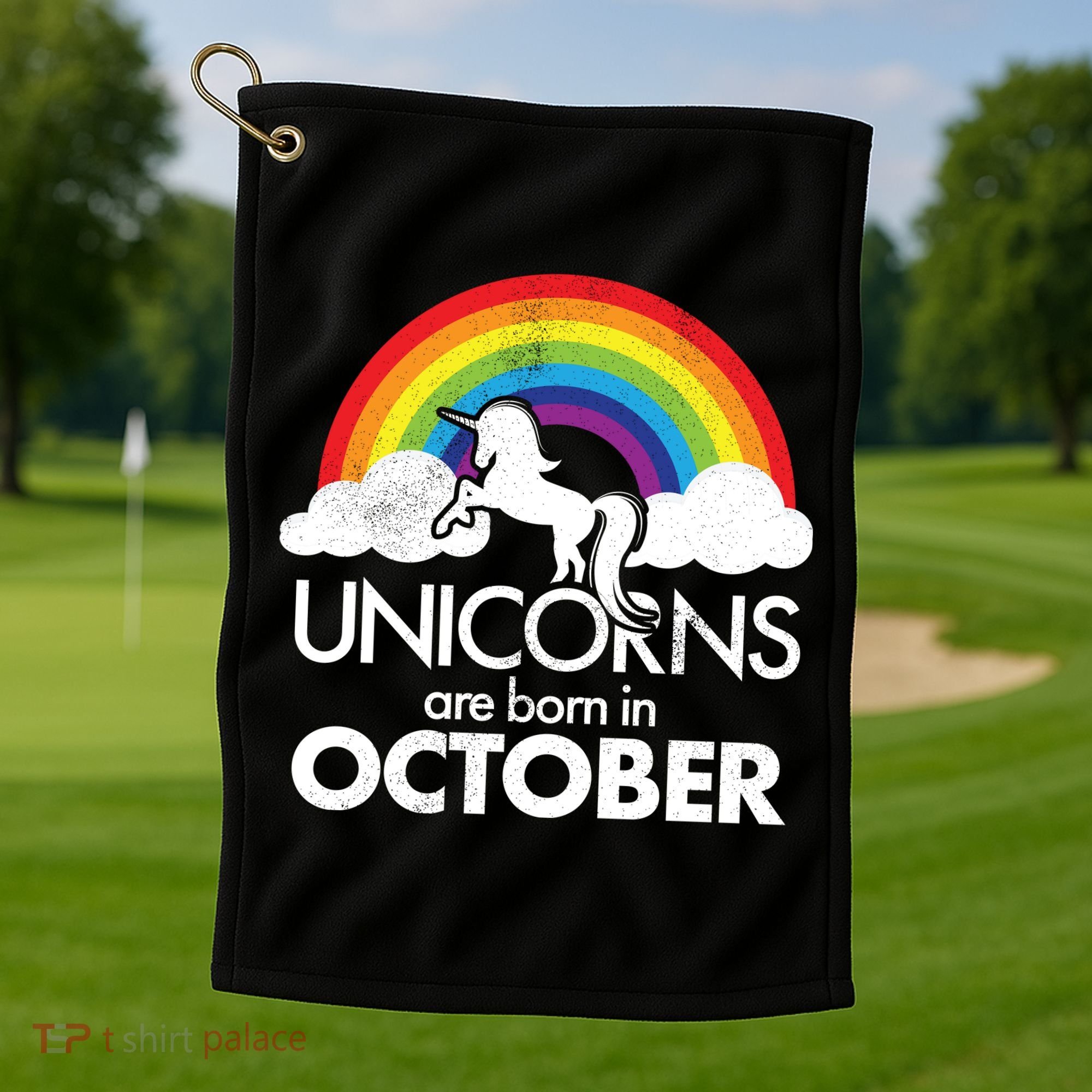 Unicorns Are Born In October Rainbow Retro Golf Towel