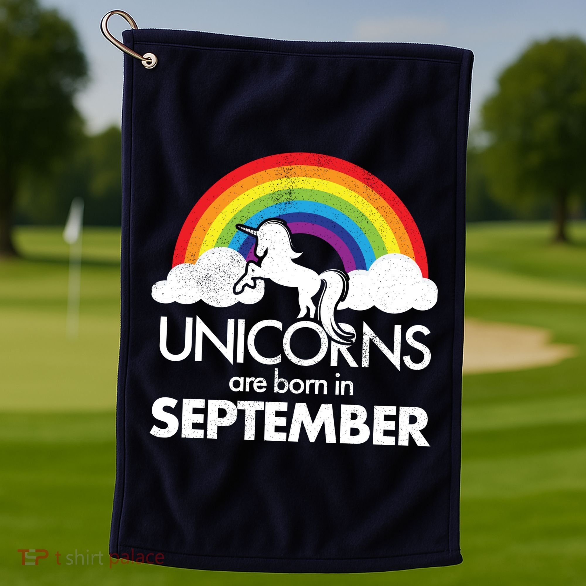Unicorns Are Born In September Rainbow Retro Golf Towel