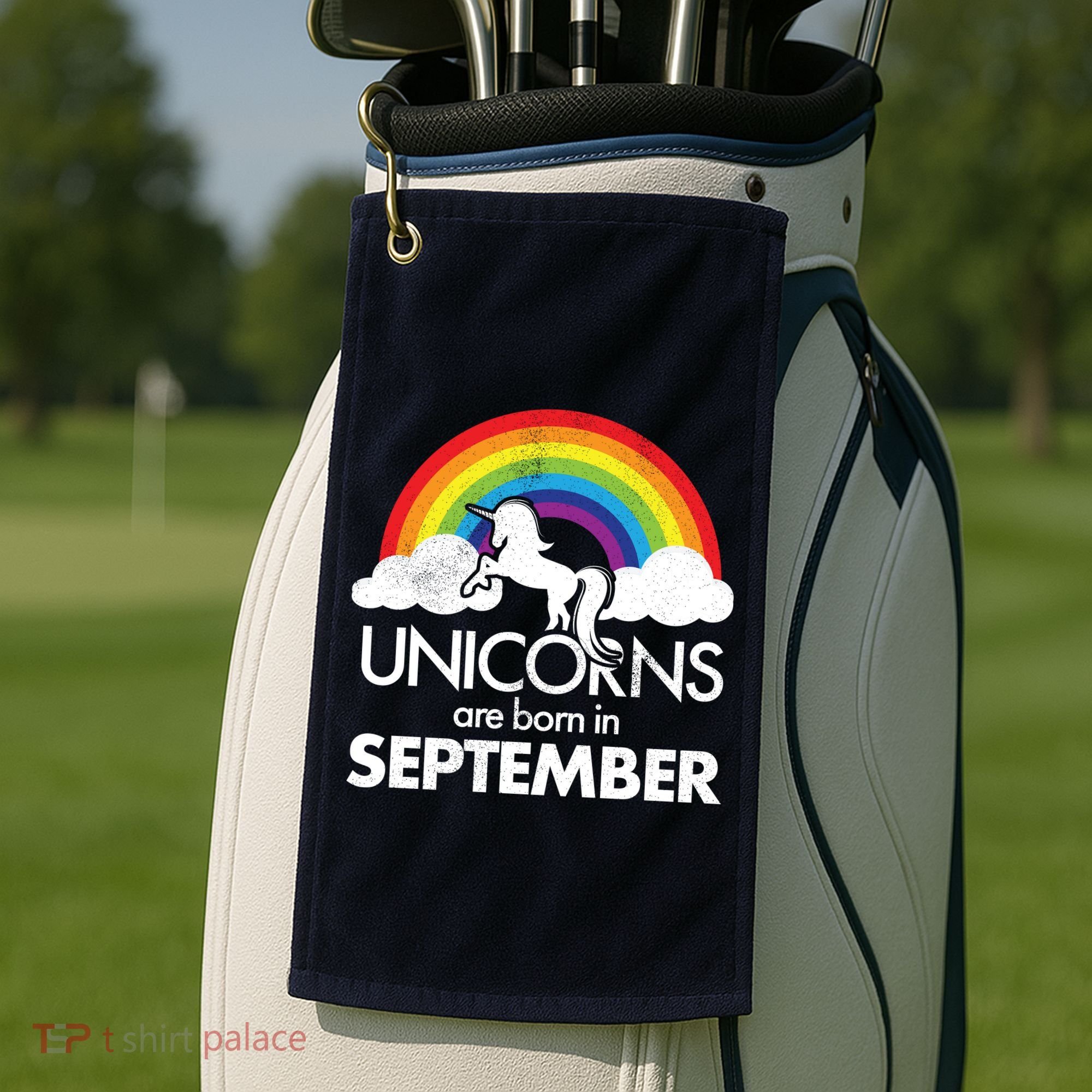 Unicorns Are Born In September Rainbow Retro Golf Towel