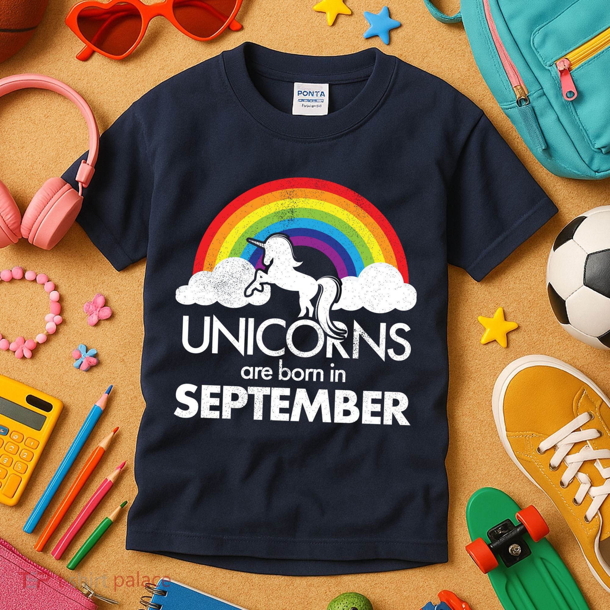 Unicorns Are Born In September Rainbow Retro Kids T-Shirt