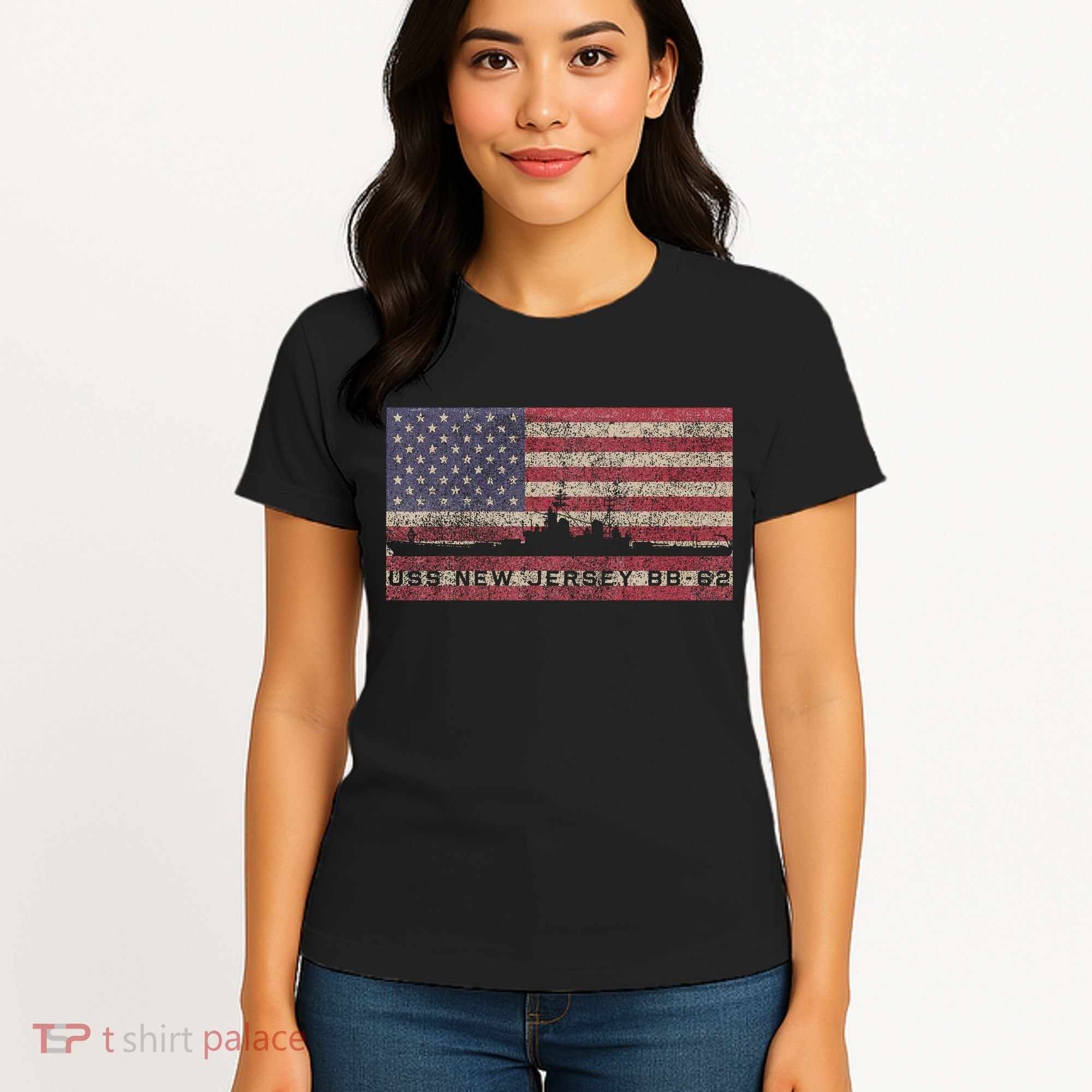 Uss New Jersey Bb62 Ww2 Battleship Usa American Flag Women's T-Shirt