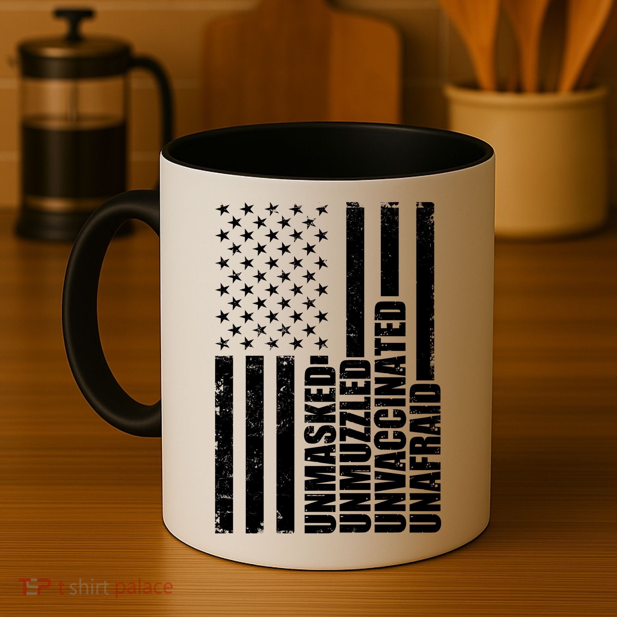 Unmasked Unmuzzled Unvaccinated Unafraid US Flag Coffee Mug