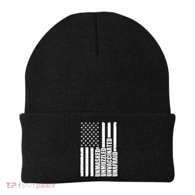Unmasked Unmuzzled Unvaccinated Unafraid US Flag Beanie