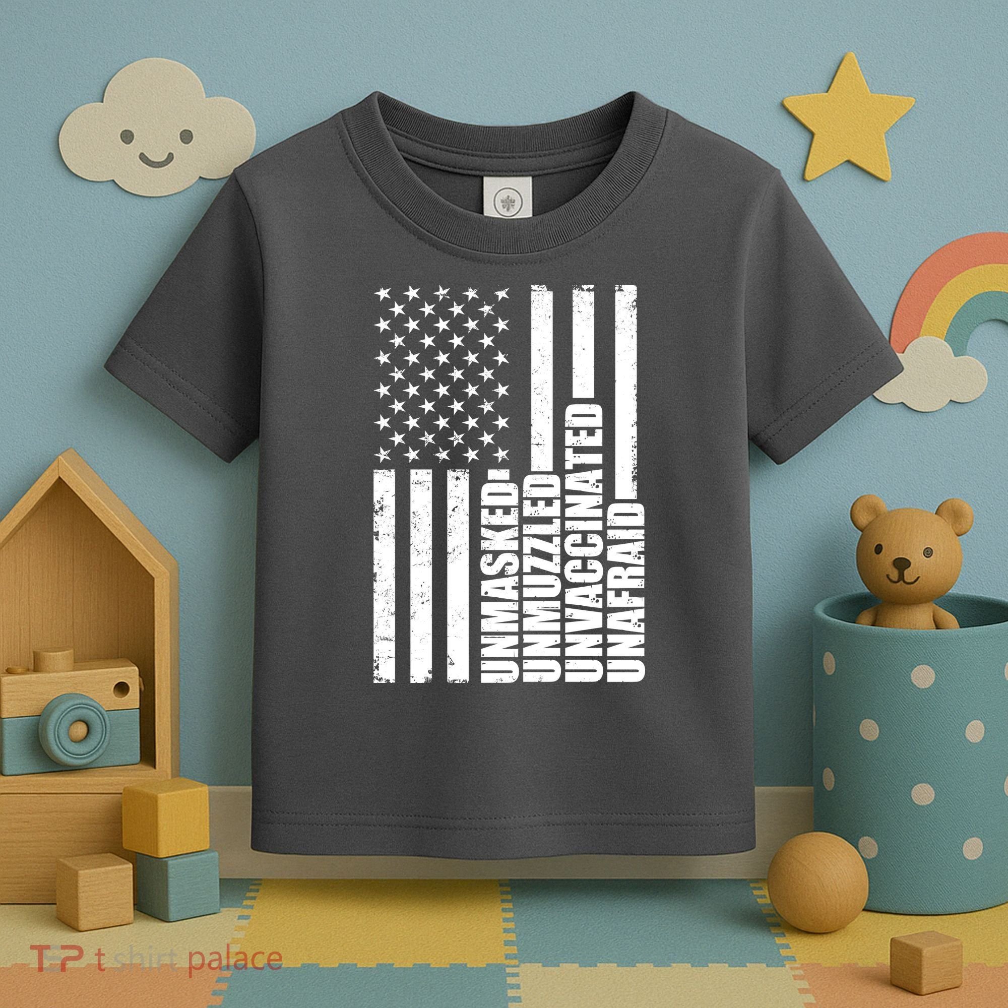 Unmasked Unmuzzled Unvaccinated Unafraid US Flag Toddler T-Shirt