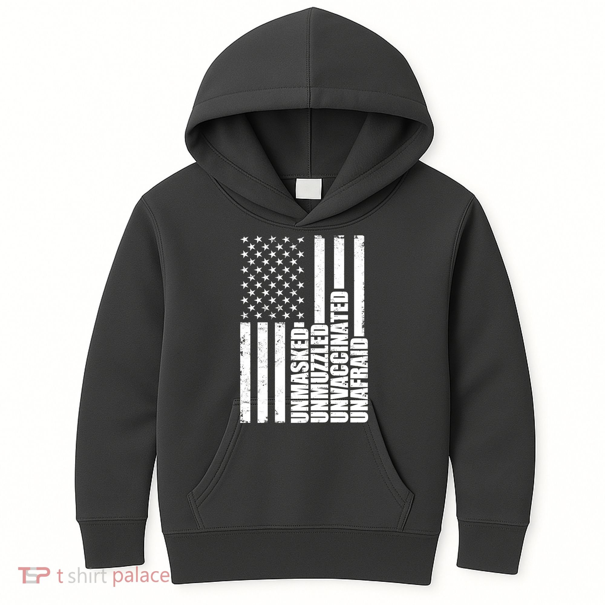 Unmasked Unmuzzled Unvaccinated Unafraid US Flag Kids Hoodie