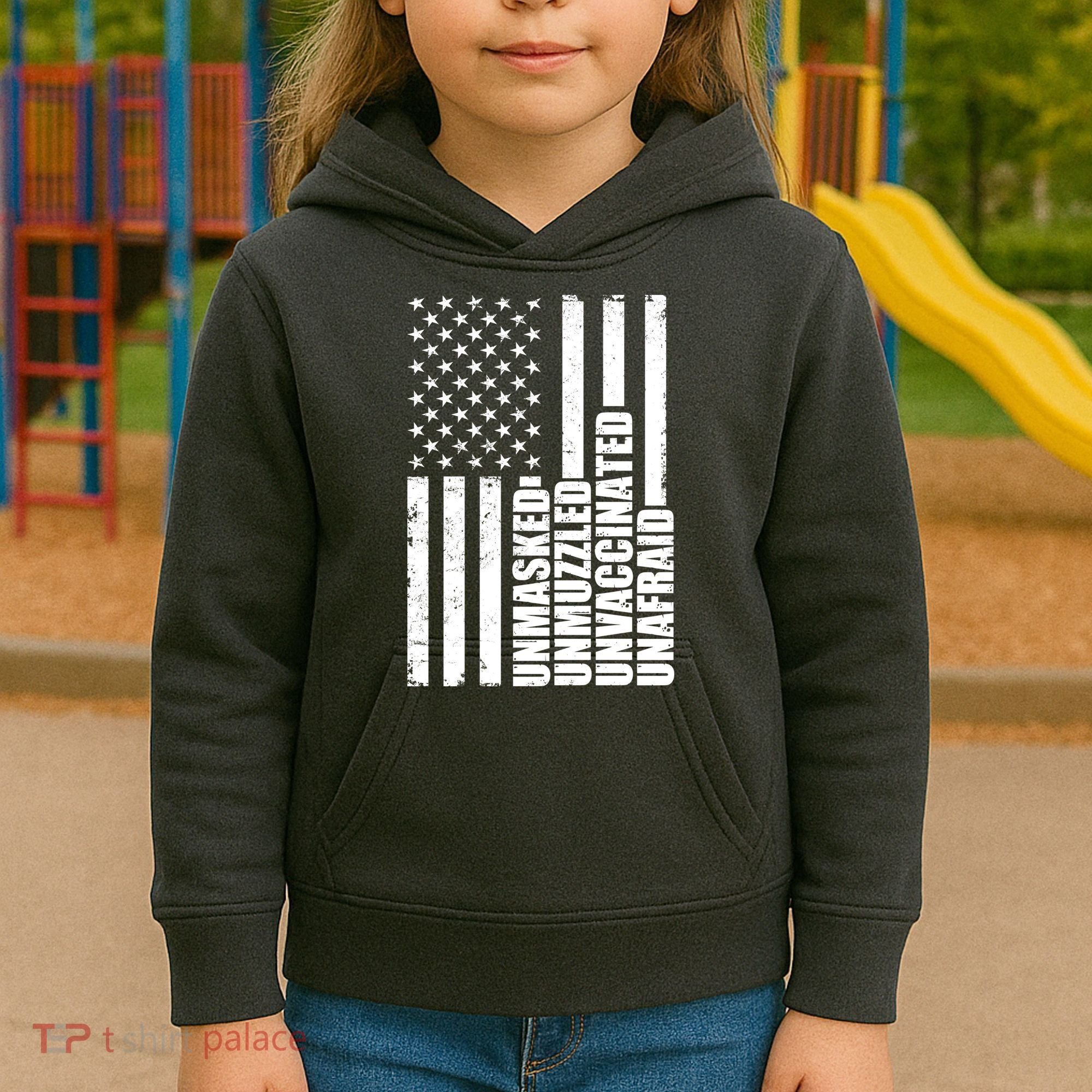 Unmasked Unmuzzled Unvaccinated Unafraid US Flag Kids Hoodie