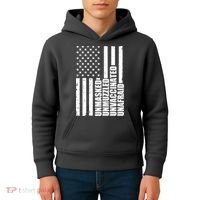 Unmasked Unmuzzled Unvaccinated Unafraid US Flag Kids Hoodie thumb 4