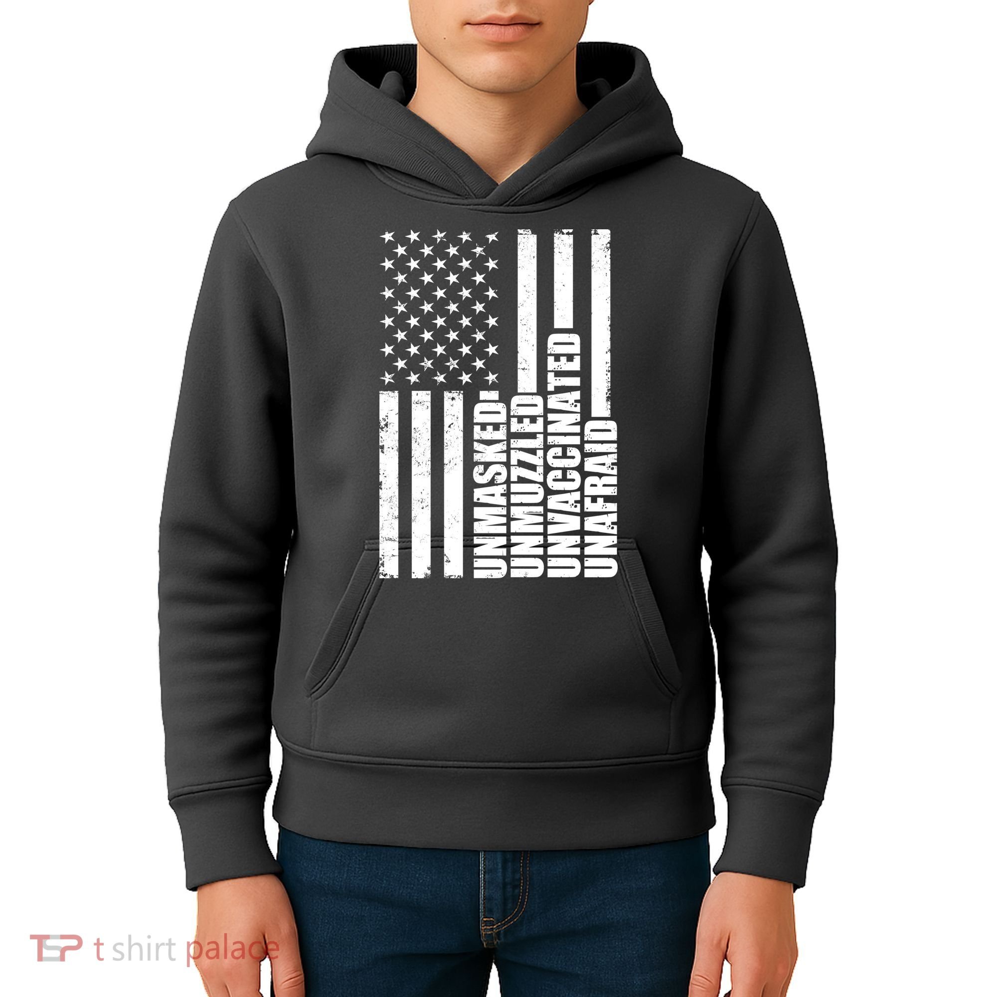 Unmasked Unmuzzled Unvaccinated Unafraid US Flag Kids Hoodie