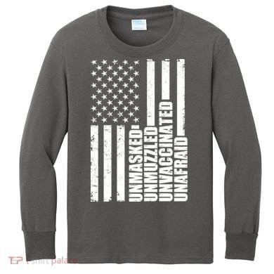 Unmasked Unmuzzled Unvaccinated Unafraid US Flag Kids Long Sleeve Shirt