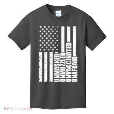 Unmasked Unmuzzled Unvaccinated Unafraid US Flag Kids T-Shirt