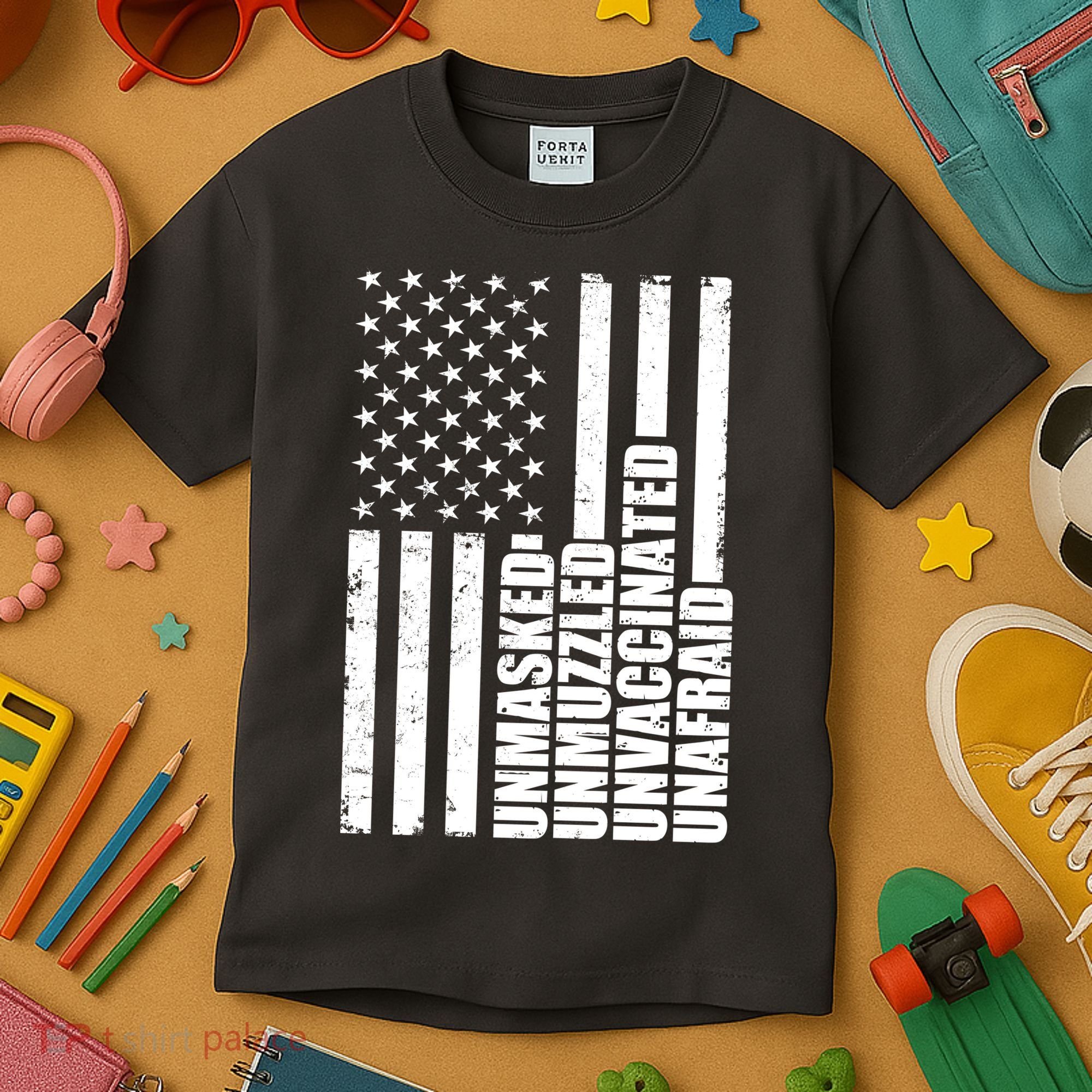 Unmasked Unmuzzled Unvaccinated Unafraid US Flag Kids T-Shirt