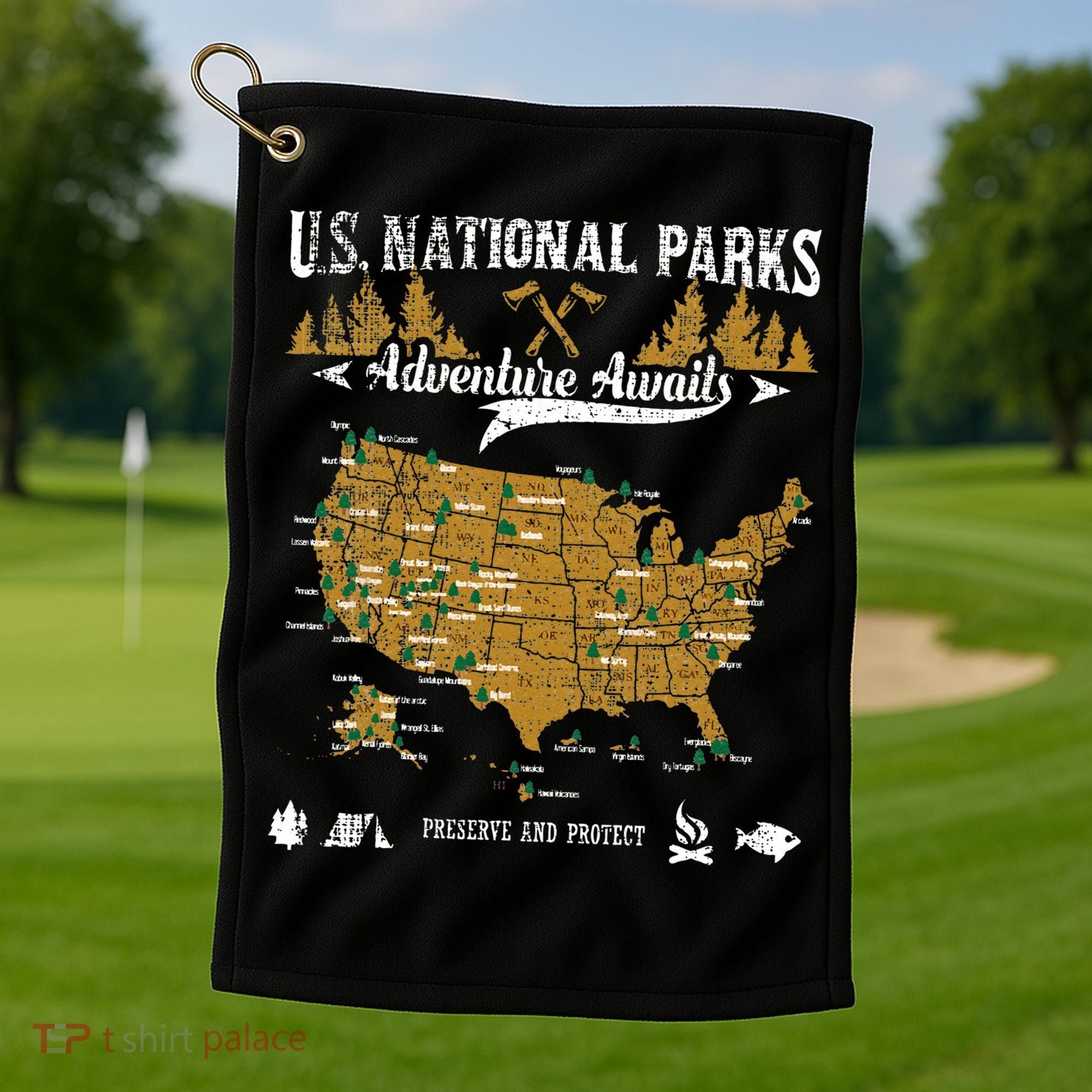 US National Parks Adventure Awaits Hiking & Camping Lover Golf Towel