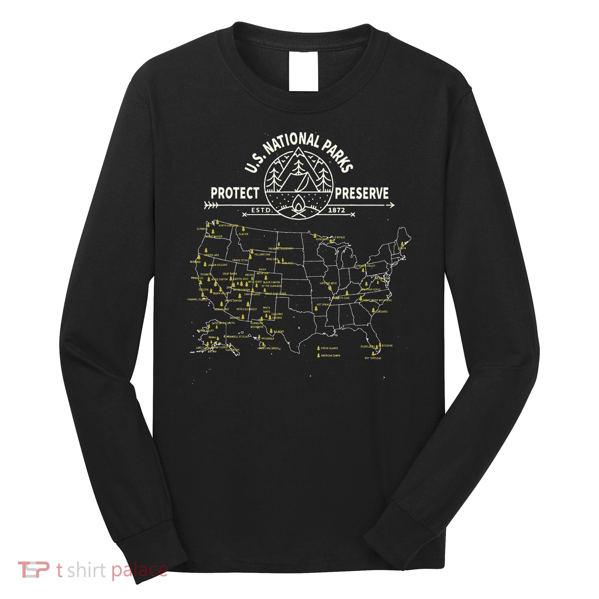 U.S. National Park Camping All 63 US National Parks Map Long Sleeve Shirt