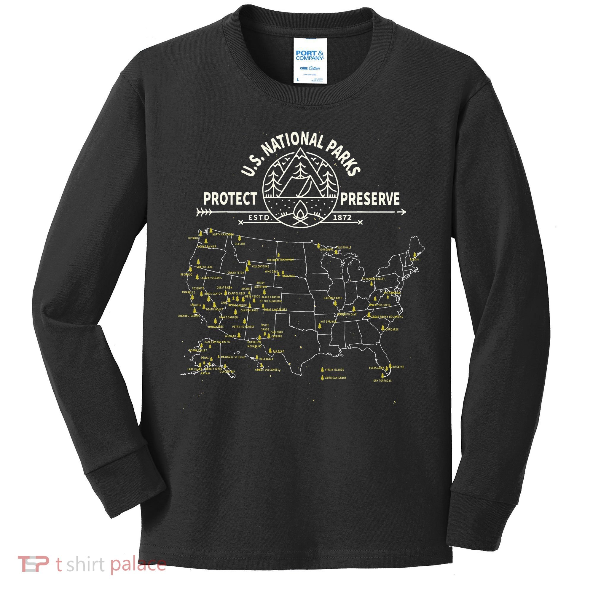 U.S. National Park Camping All 63 US National Parks Map Kids Long Sleeve Shirt
