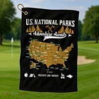 Us National Parks Adventure Awaits Cute Gift Hiking And Camping Lover Gift Golf Towel thumb 1