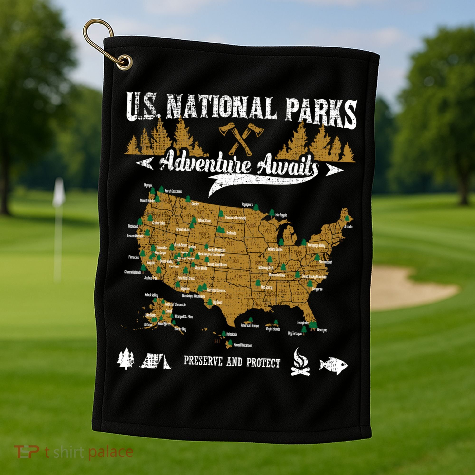 Us National Parks Adventure Awaits Cute Gift Hiking And Camping Lover Gift Golf Towel