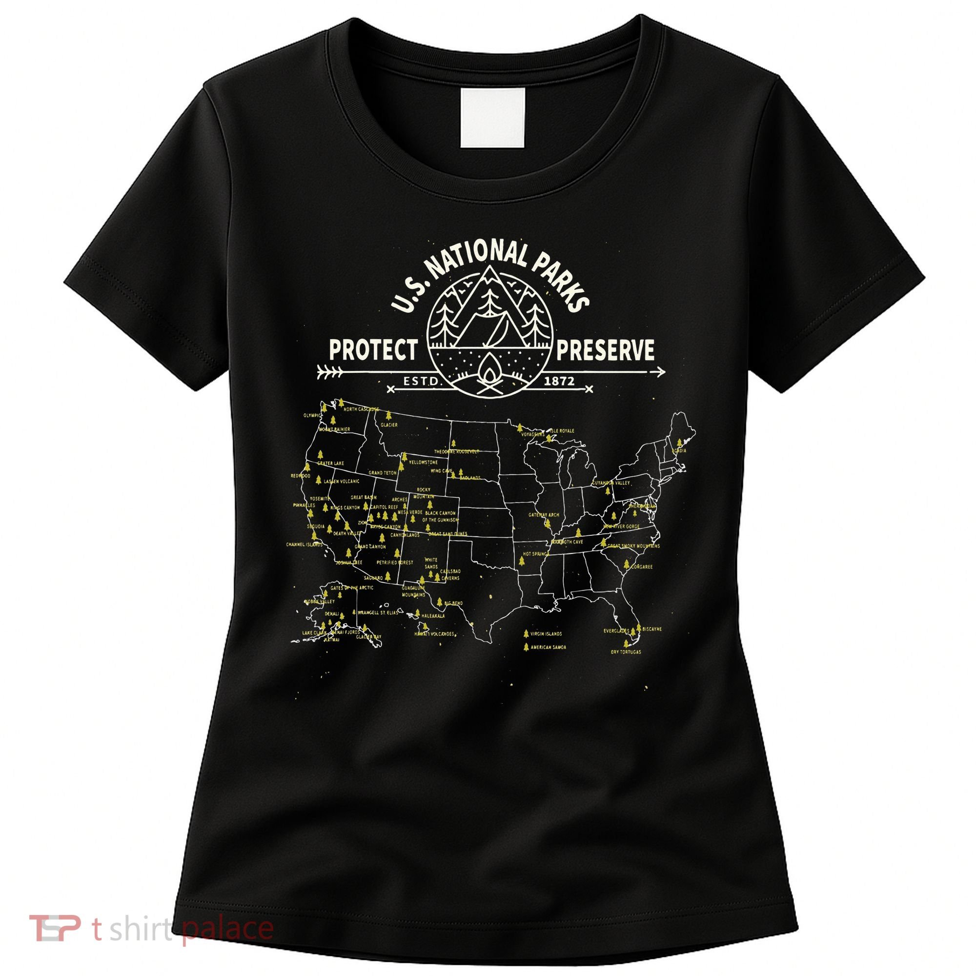 U.S. National Park Camping All 63 US National Parks Map Women's T-Shirt