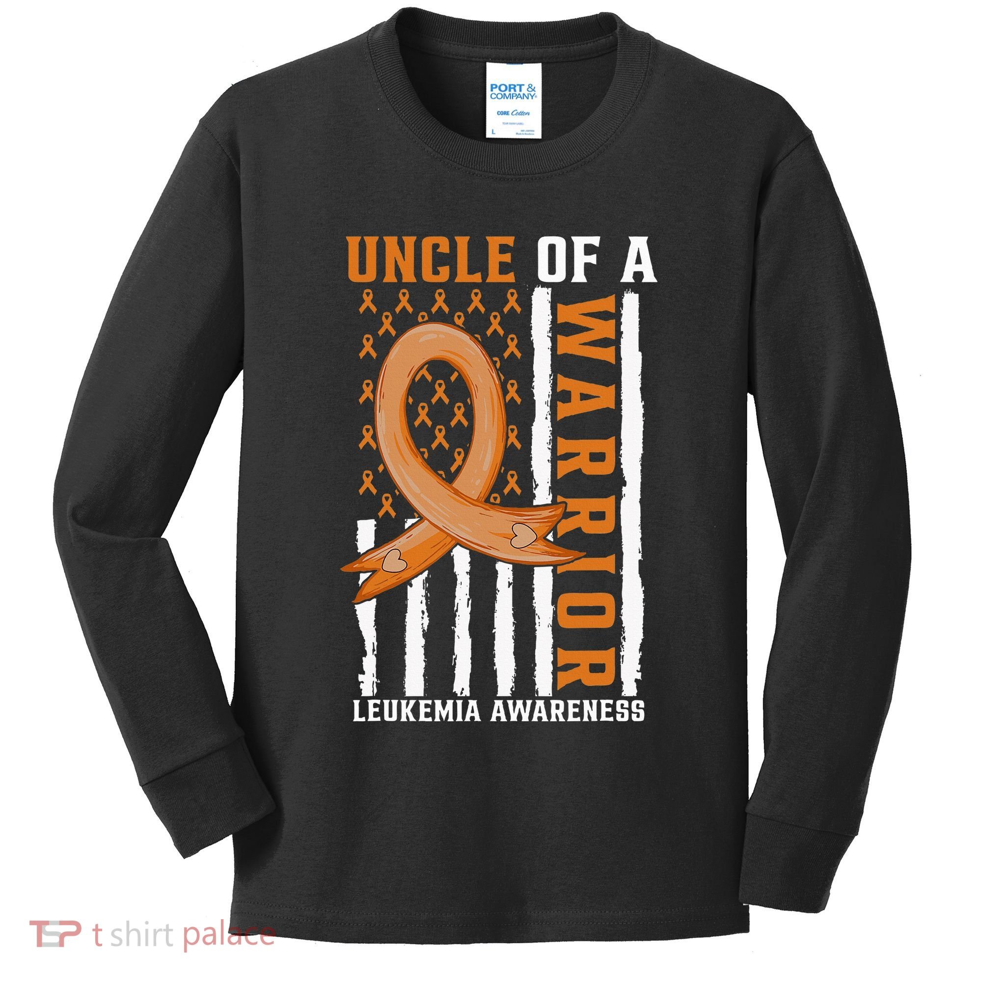 Uncle Of A Leukemia Warrior Awareness Orange USA Flag Kids Long Sleeve Shirt