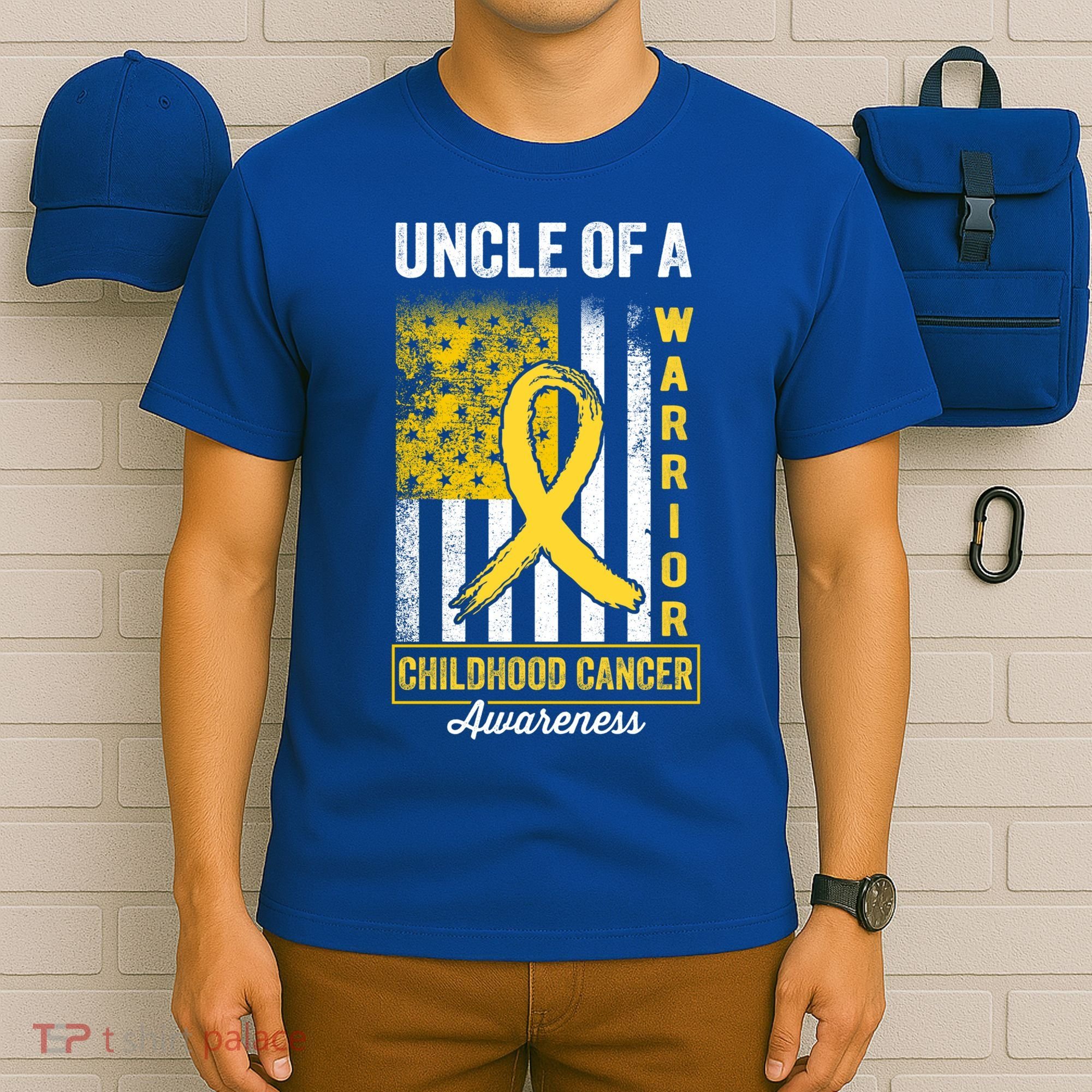 Uncle Of A Warrior Childhood Cancer Awareness Gold Us Flag Cool Gift T-Shirt