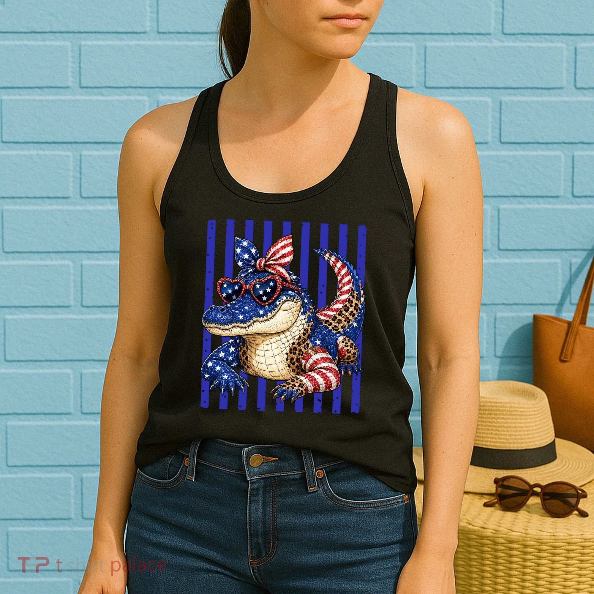 USA Patriotic 4th July Leopard Print Alligator Crocodile  Women's Tank Top