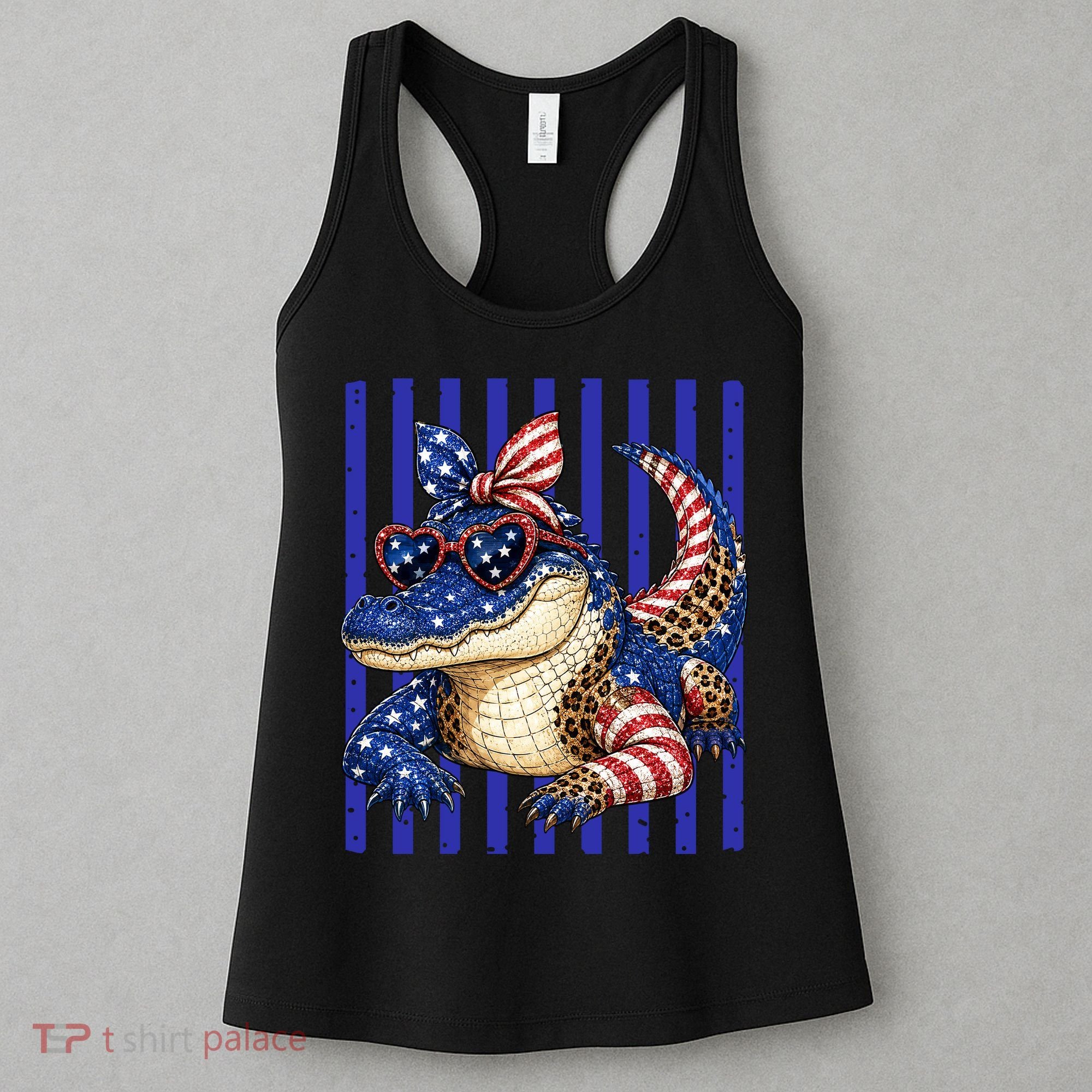USA Patriotic 4th July Leopard Print Alligator Crocodile  Women's Tank Top