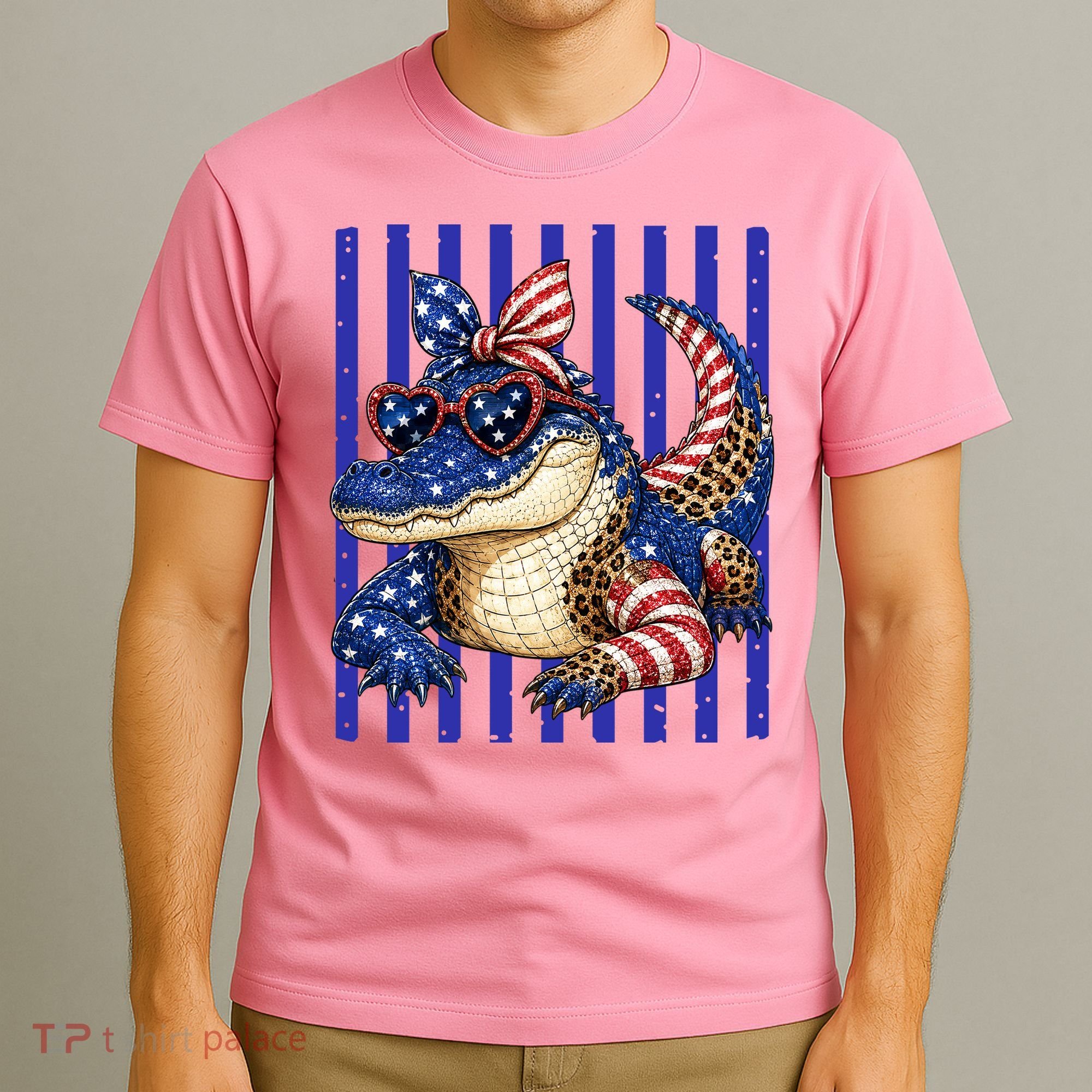 USA Patriotic 4th July Leopard Print Alligator Crocodile  T-Shirt