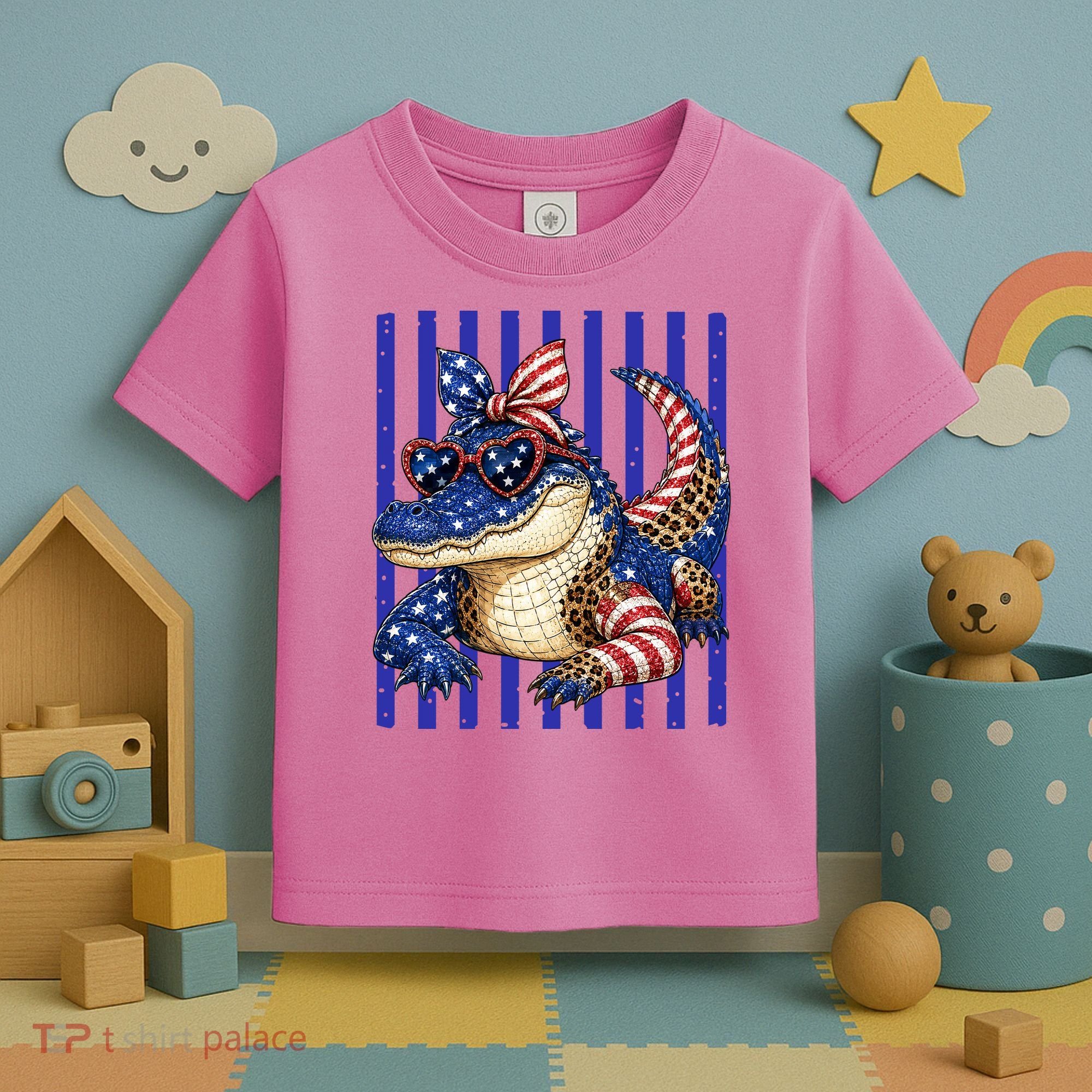 USA Patriotic 4th July Leopard Print Alligator Crocodile  Toddler T-Shirt