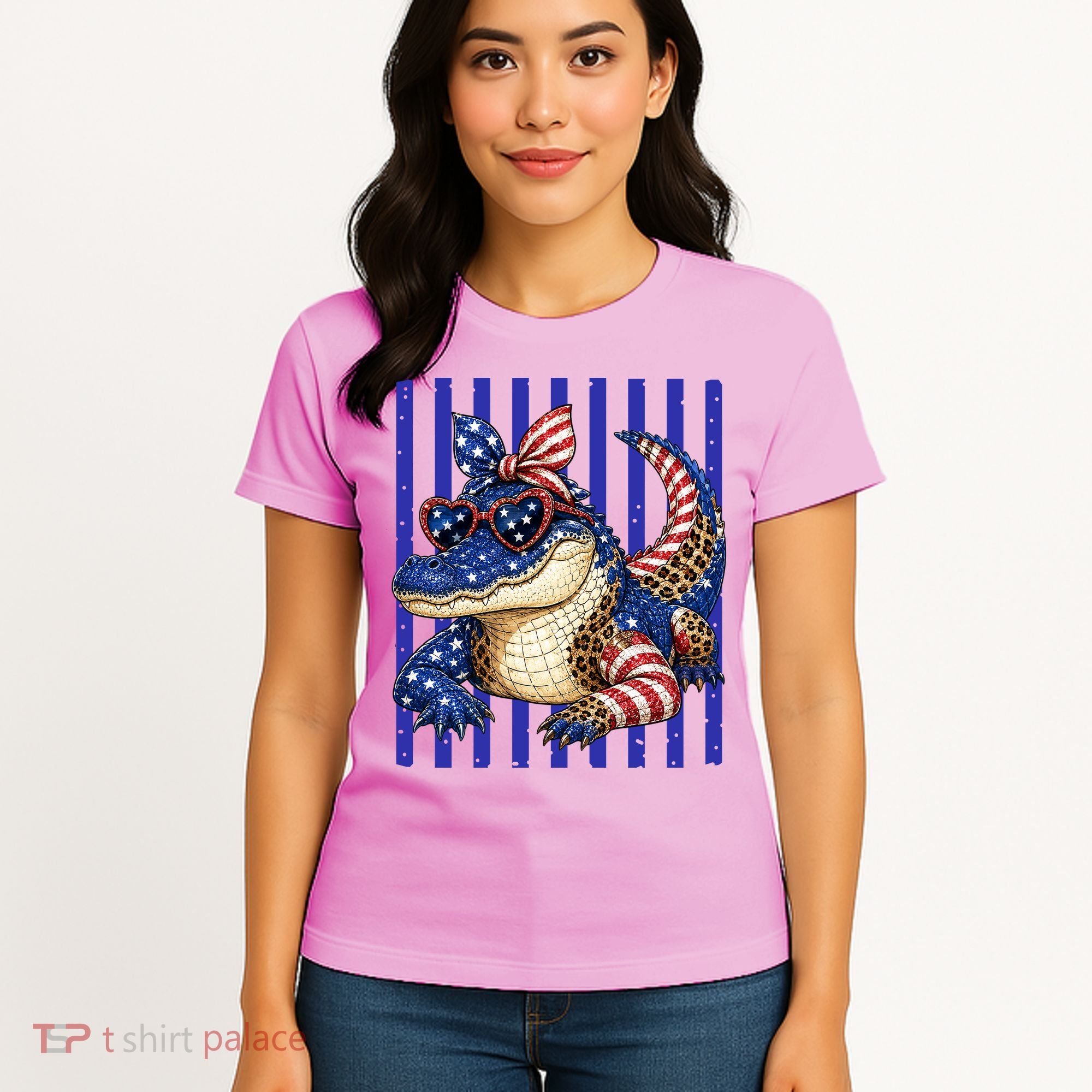 USA Patriotic 4th July Leopard Print Alligator Crocodile  Women's T-Shirt
